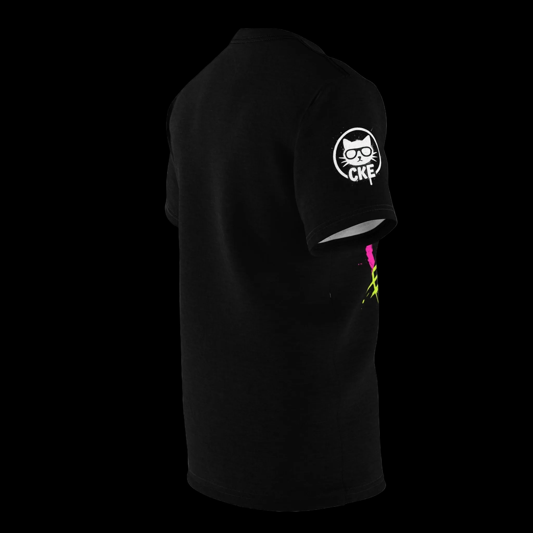 Gothic Chaos Kitten graphic tee with all-over print, featuring a feline design on a black fabric background, by Printify.