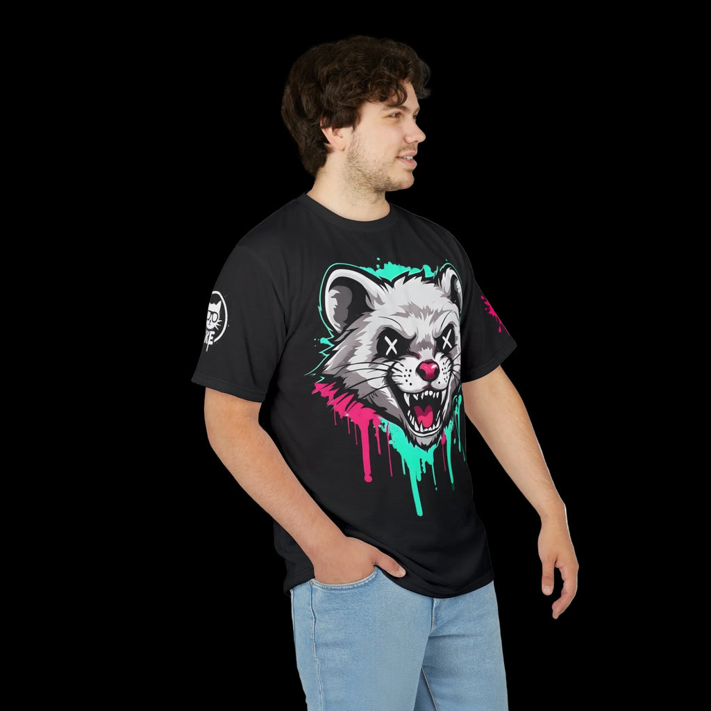 All over print graffiti grunge ferret graphic tee by Chaos Kitten Emporium featuring gothic ferret artwork on a black t-shirt.