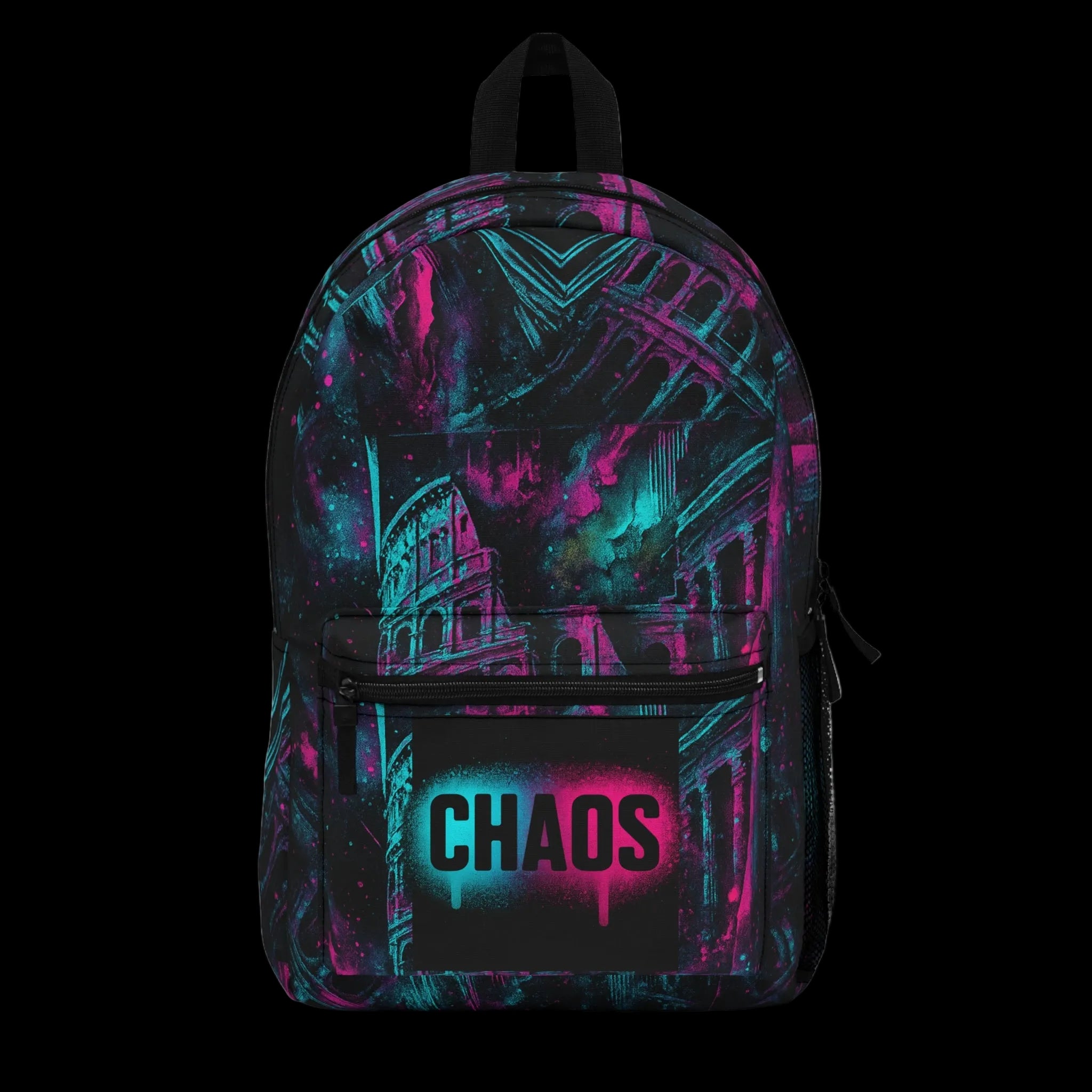 Vibrant Neon Graffiti CHAOS Backpack featuring teal and magenta designs on a black background, showcasing an urban aesthetic.