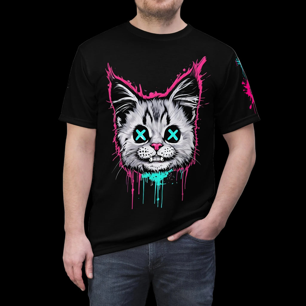 All-over print Gothic graphic tee featuring a graffiti-style grunge cat design, by Printify for Chaos Kitten Emporium.