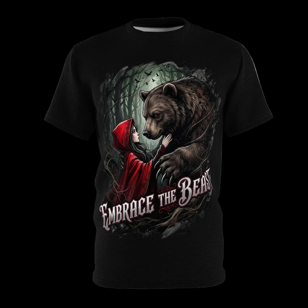 All-over print dark graphic T-shirt from Chaos Kitten Emporium featuring a fierce beast and fairytale design, by Printify.