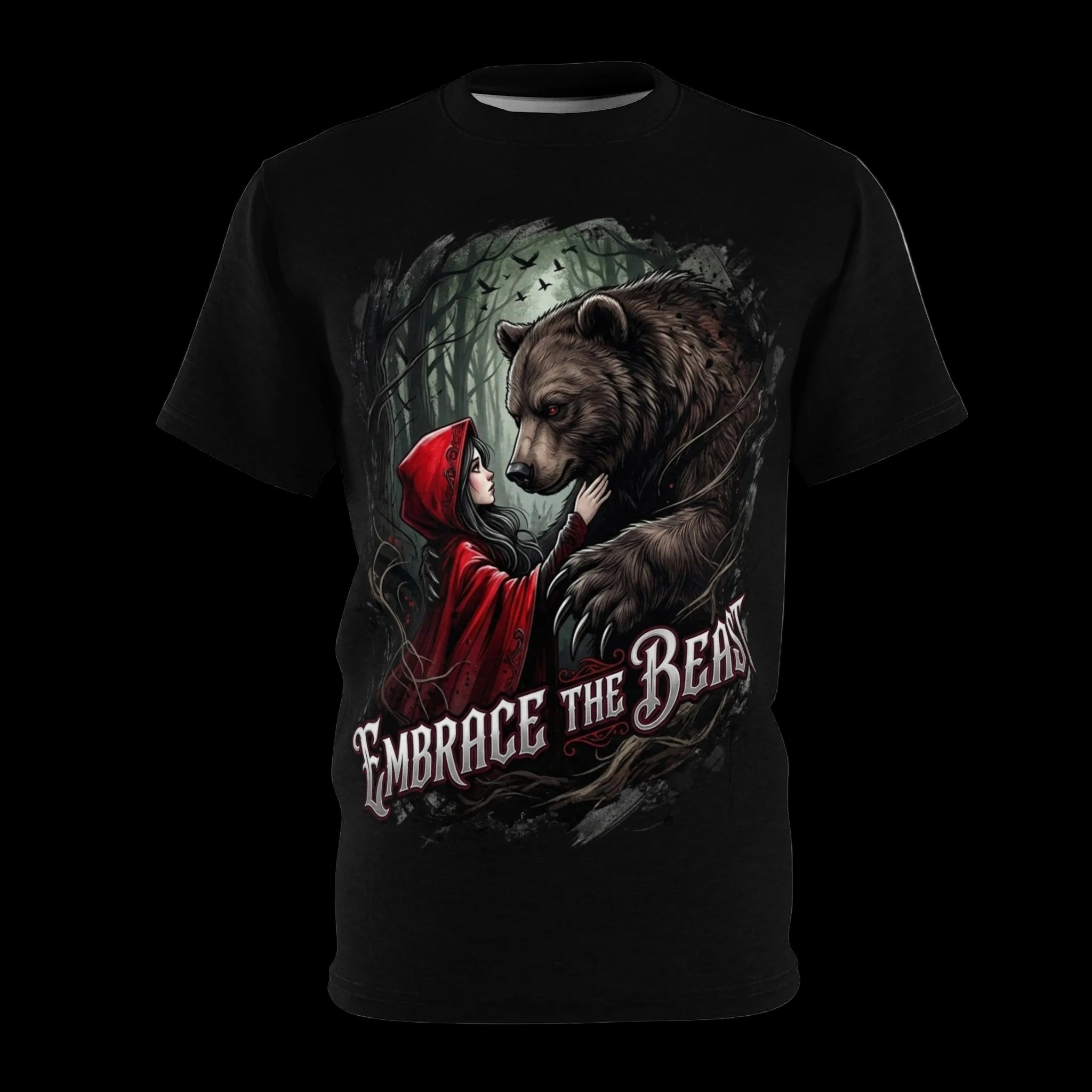 All-over print dark graphic T-shirt from Chaos Kitten Emporium featuring a fierce beast and fairytale design, by Printify.