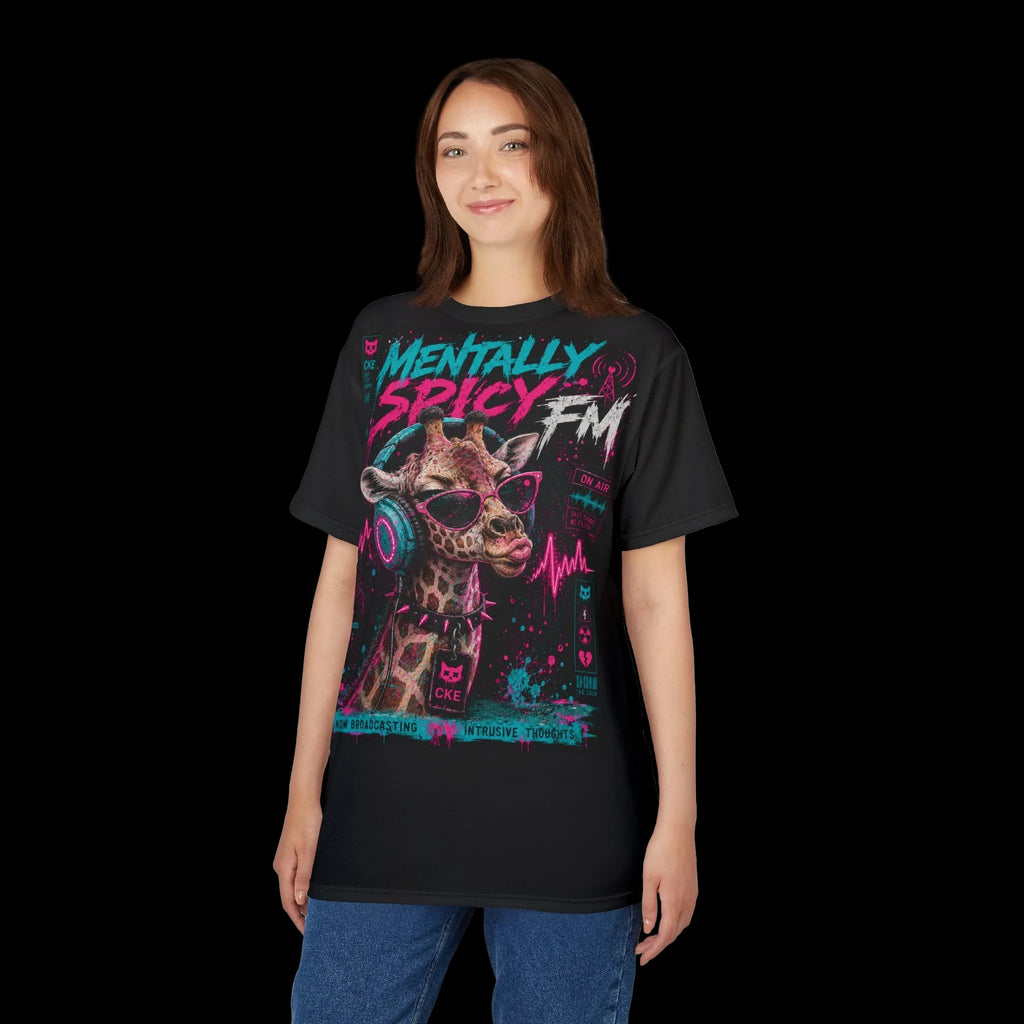 All-over print of a Mentally Spicy Giraffe graphic tee featuring gothic-style design, from Chaos Kitten Emporium® by Printify.