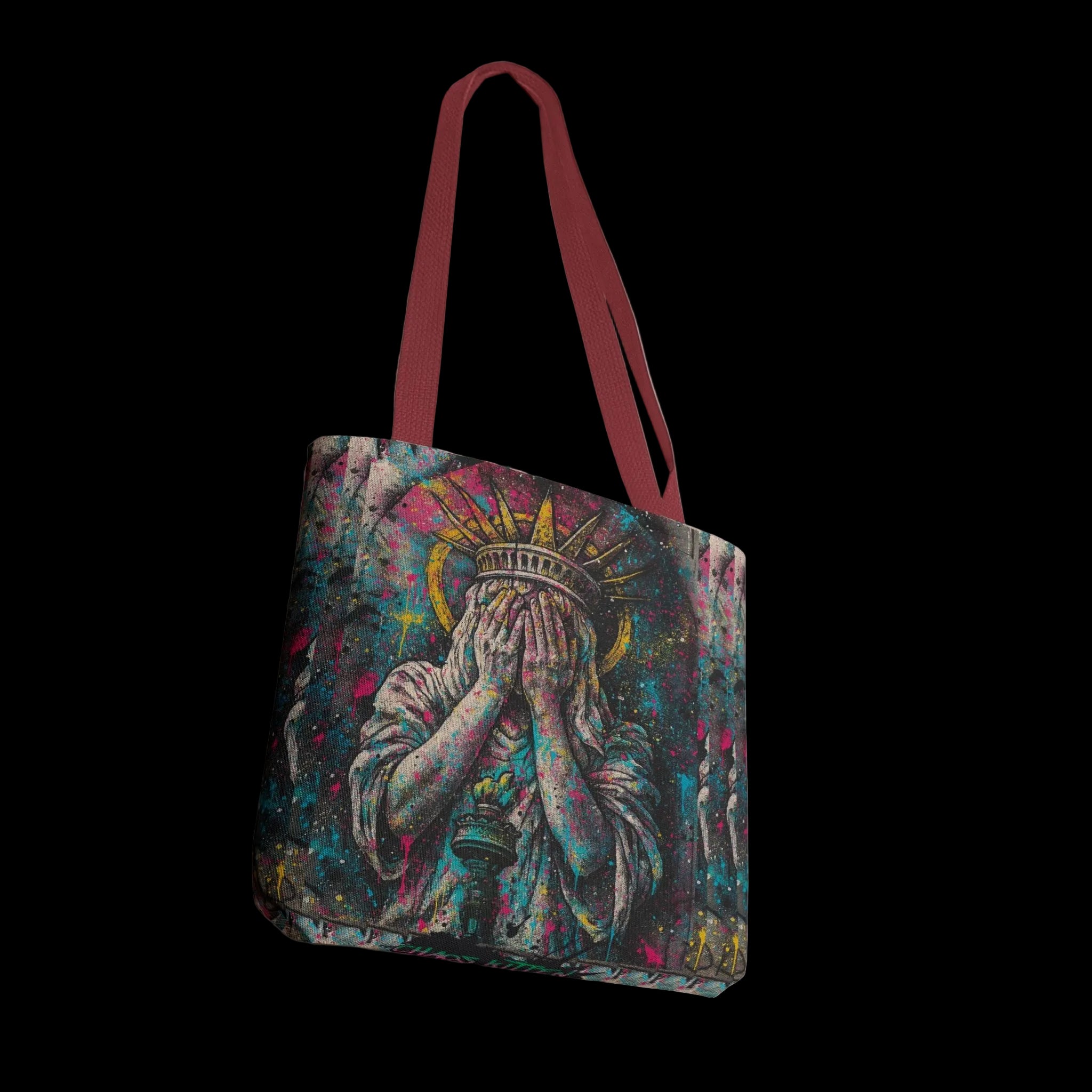 Graffiti-inspired Lady Liberty design on a dark background, showcasing vibrant colors and expressive details on a tote bag.