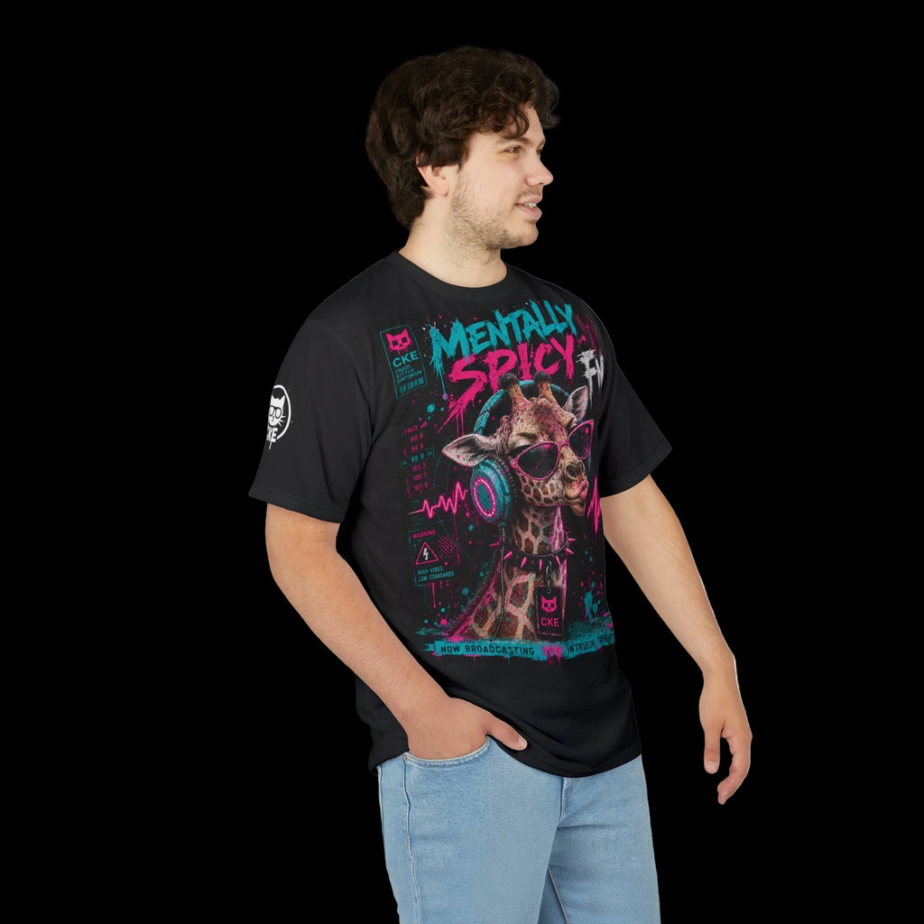 All-over print Mentally Spicy Giraffe graphic tee featuring gothic style artwork, from Chaos Kitten Emporium® by Printify.