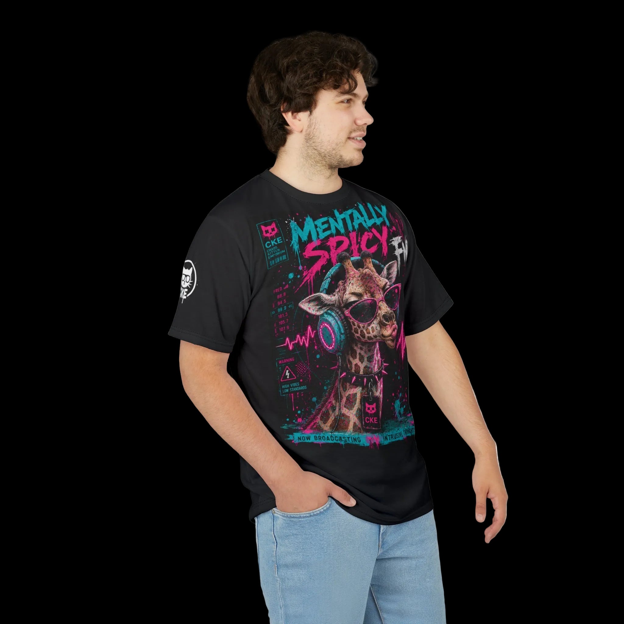 All-over print Mentally Spicy Giraffe graphic tee featuring gothic style artwork, from Chaos Kitten Emporium® by Printify.