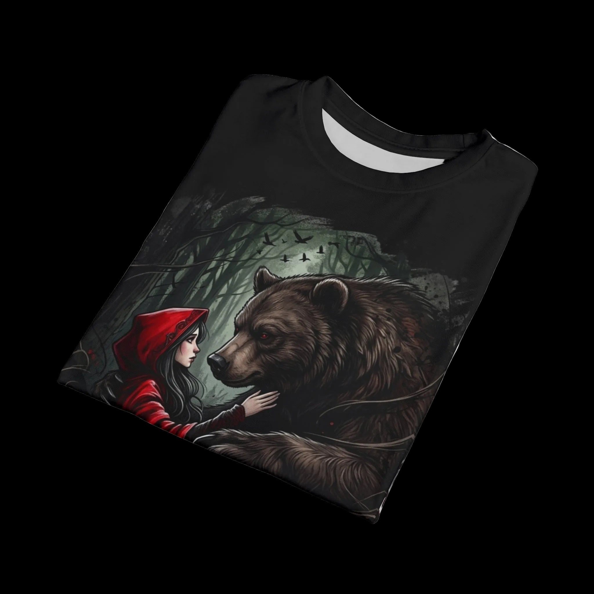 All-over print graphic tee featuring dark fairytale and chaos kitten design from Embrace The Beast collection by Printify.