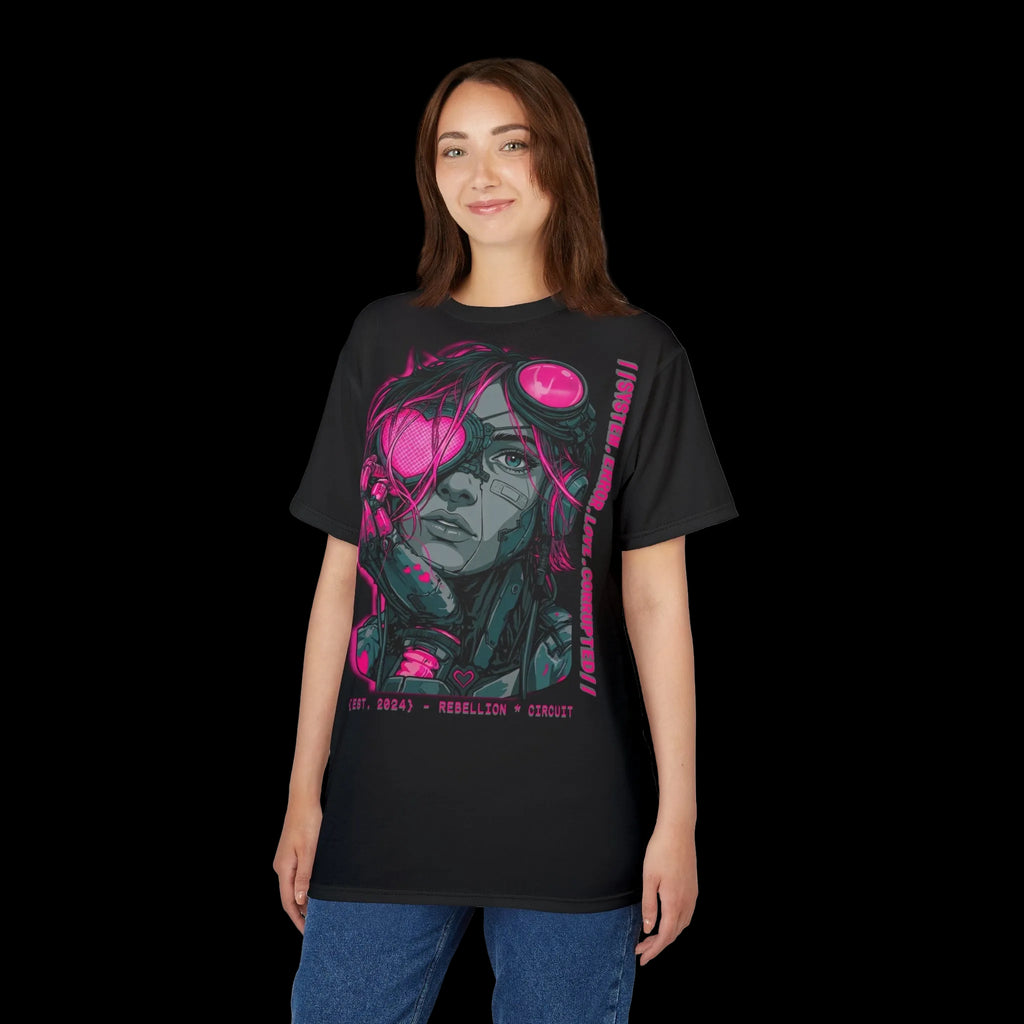 Cybernetic Conduit graphic tee featuring all-over print with gothic-inspired designs, from Chaos Kitten Emporium® by Printify.