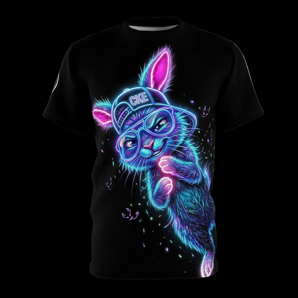 Neon graffiti rabbit graphic tee with all-over print, featuring bold colors and gothic style, by Chaos Kitten Emporium.