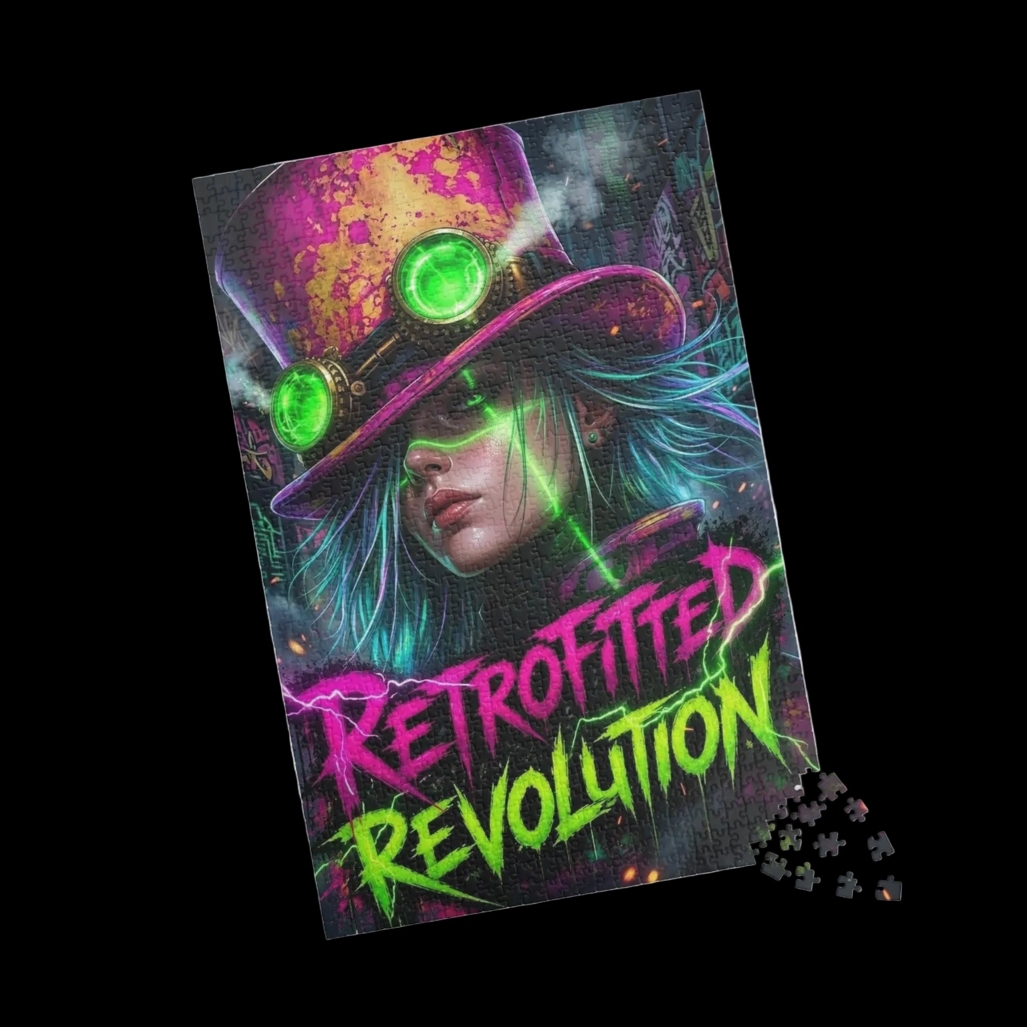 Jigsaw puzzle box with a futuristic character design and 'Retrofitted Revolution' text