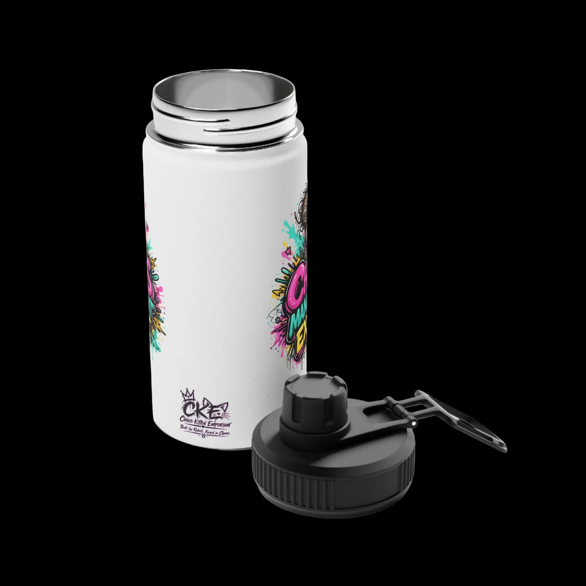 a white bottle with a black lid
