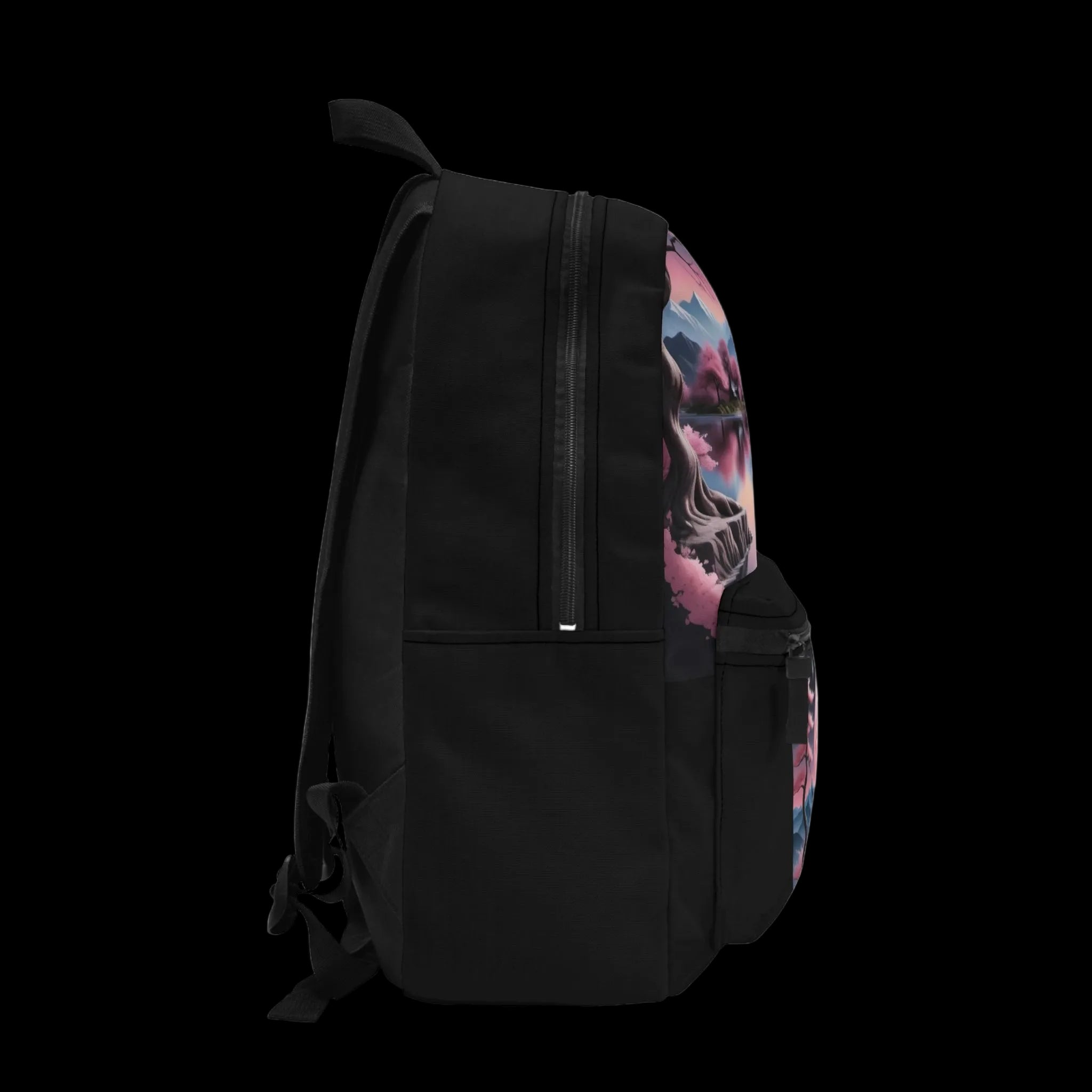 Celestial Serenity Backpack featuring colorful Japanese-inspired artwork with pink and black tones, adjustable straps, and zipper closure.