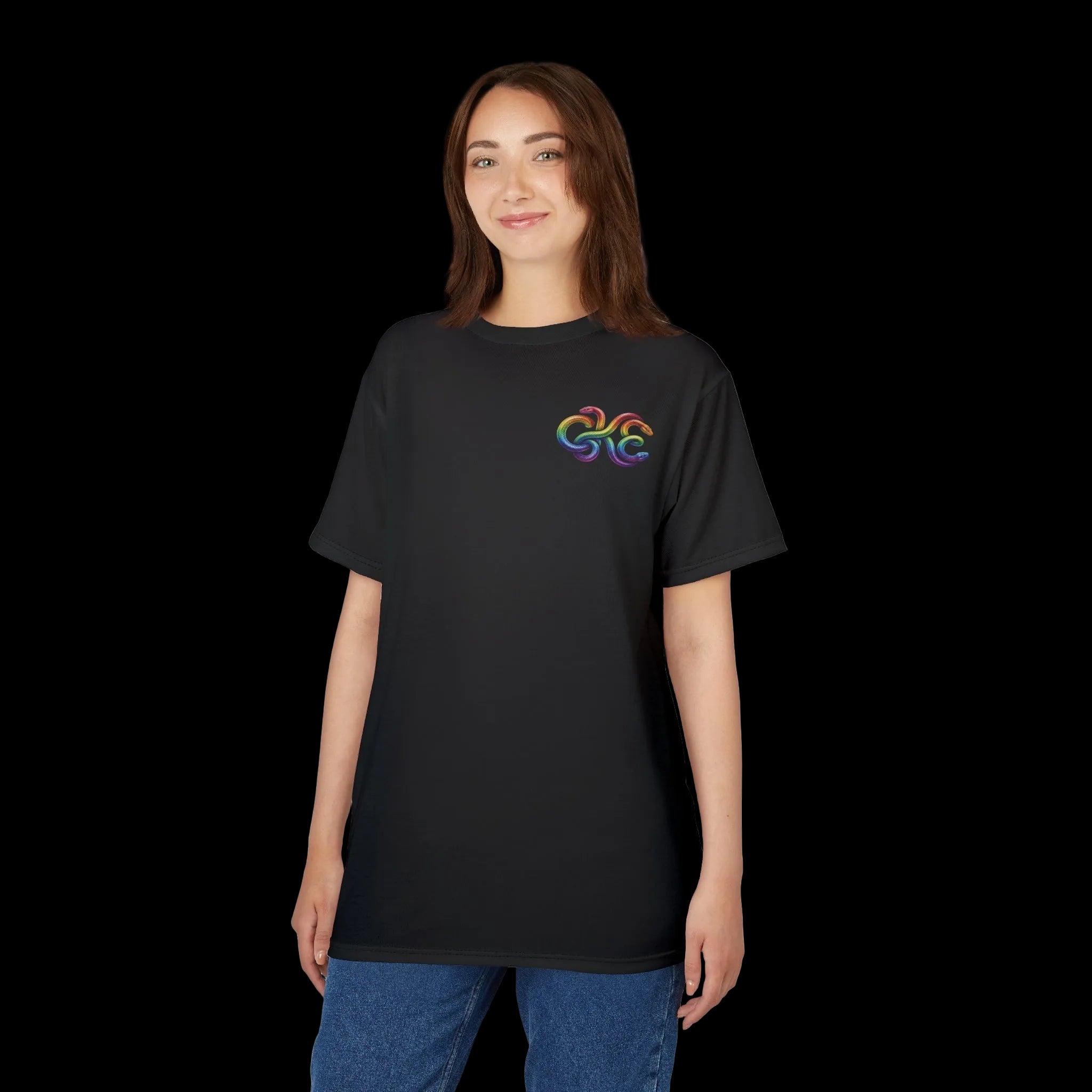 Black t-shirt featuring a colorful Medusa graphic design on the chest, perfect for alternative fashion lovers.