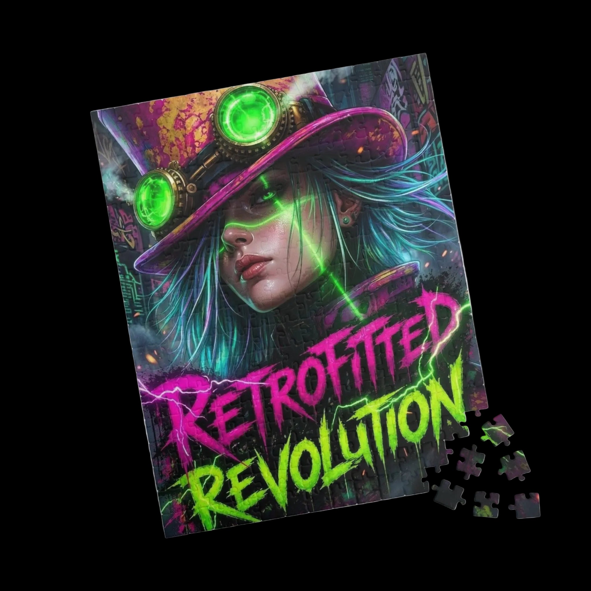 Vibrant puzzle box featuring a steampunk figure in electric magenta, acid green, and cool cyan colors.