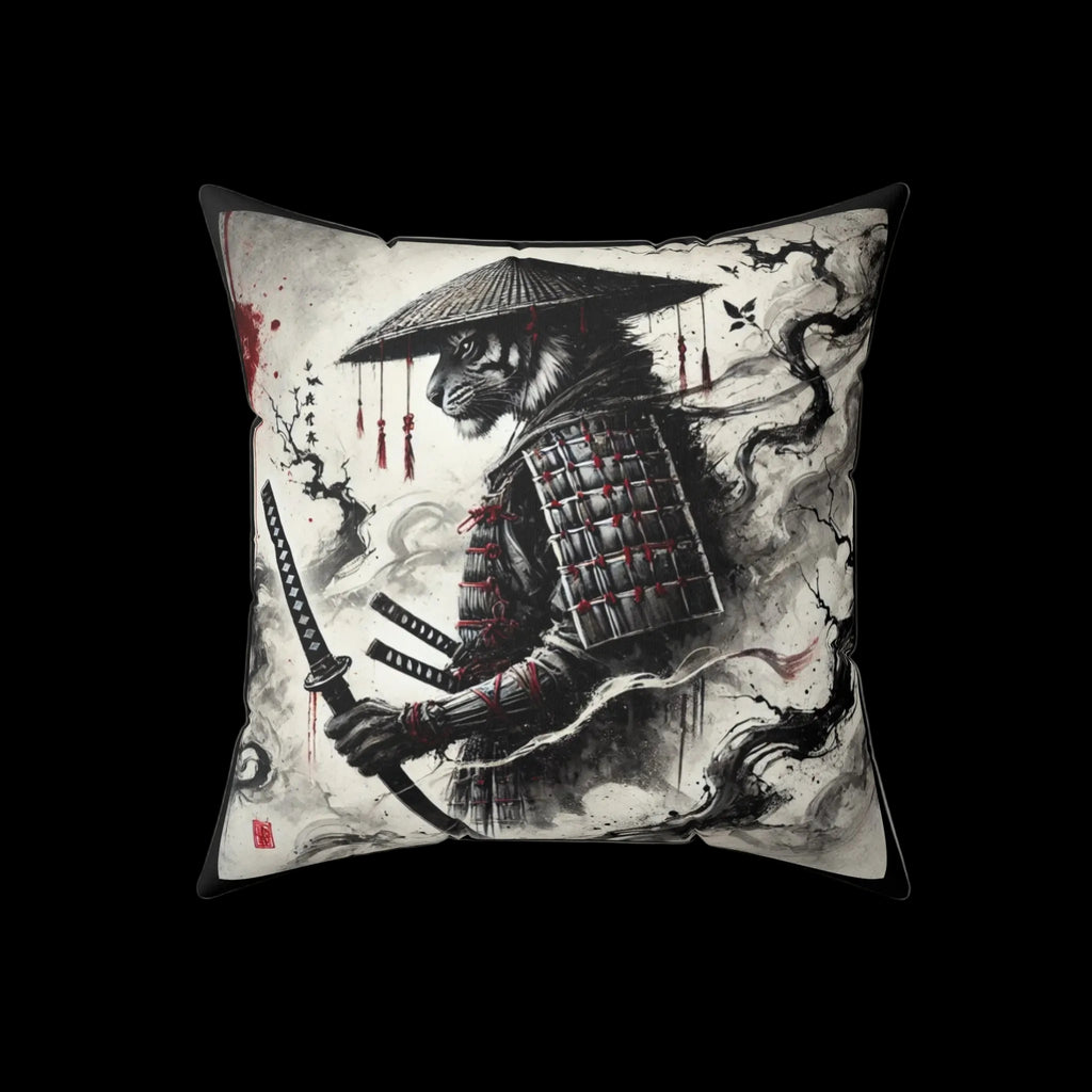 Samurai Tiger pillow featuring Japanese art design, decorative home cushion from Chaos Kitten Emporium® by Printify.