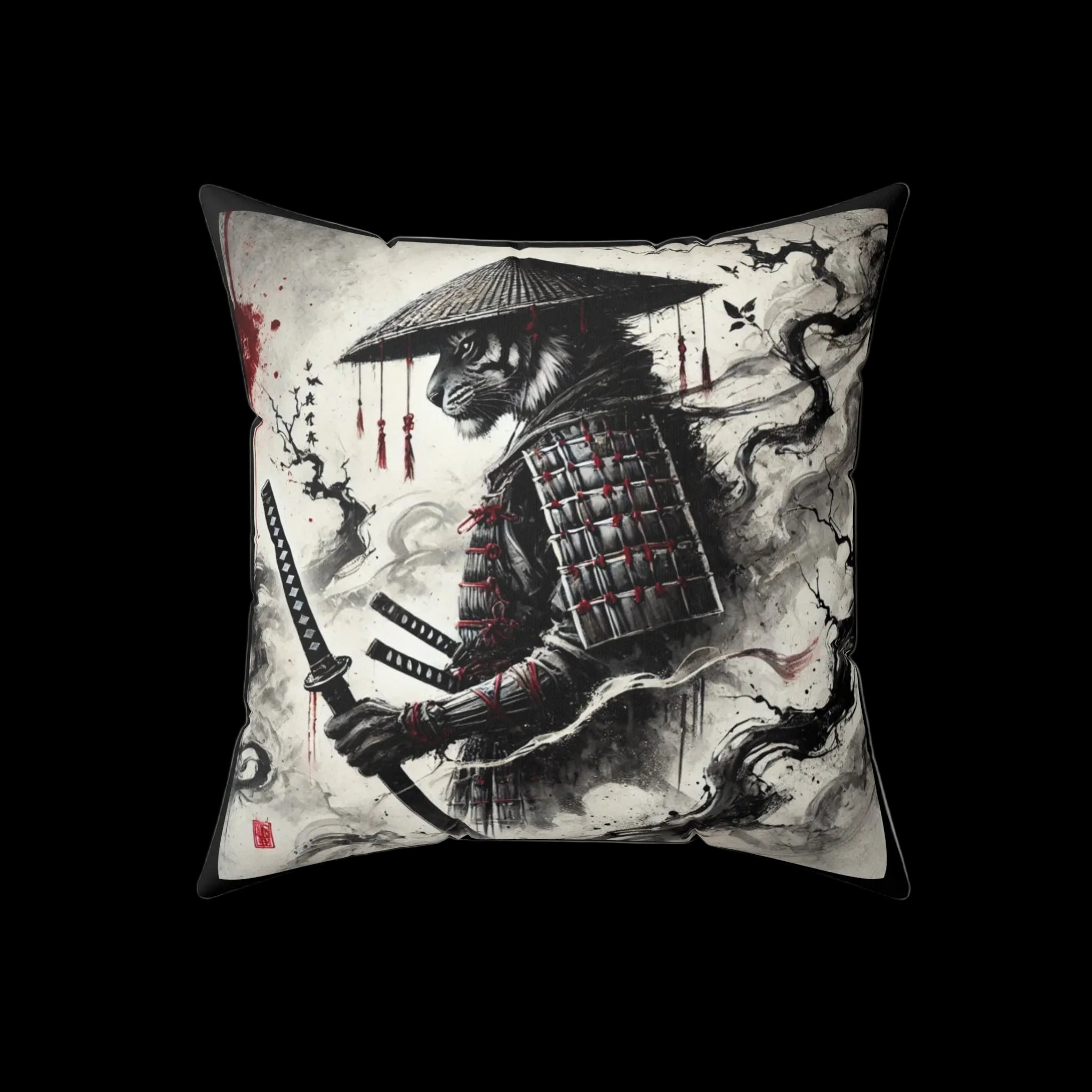 Samurai Tiger pillow featuring Japanese art design, decorative home cushion from Chaos Kitten Emporium® by Printify.