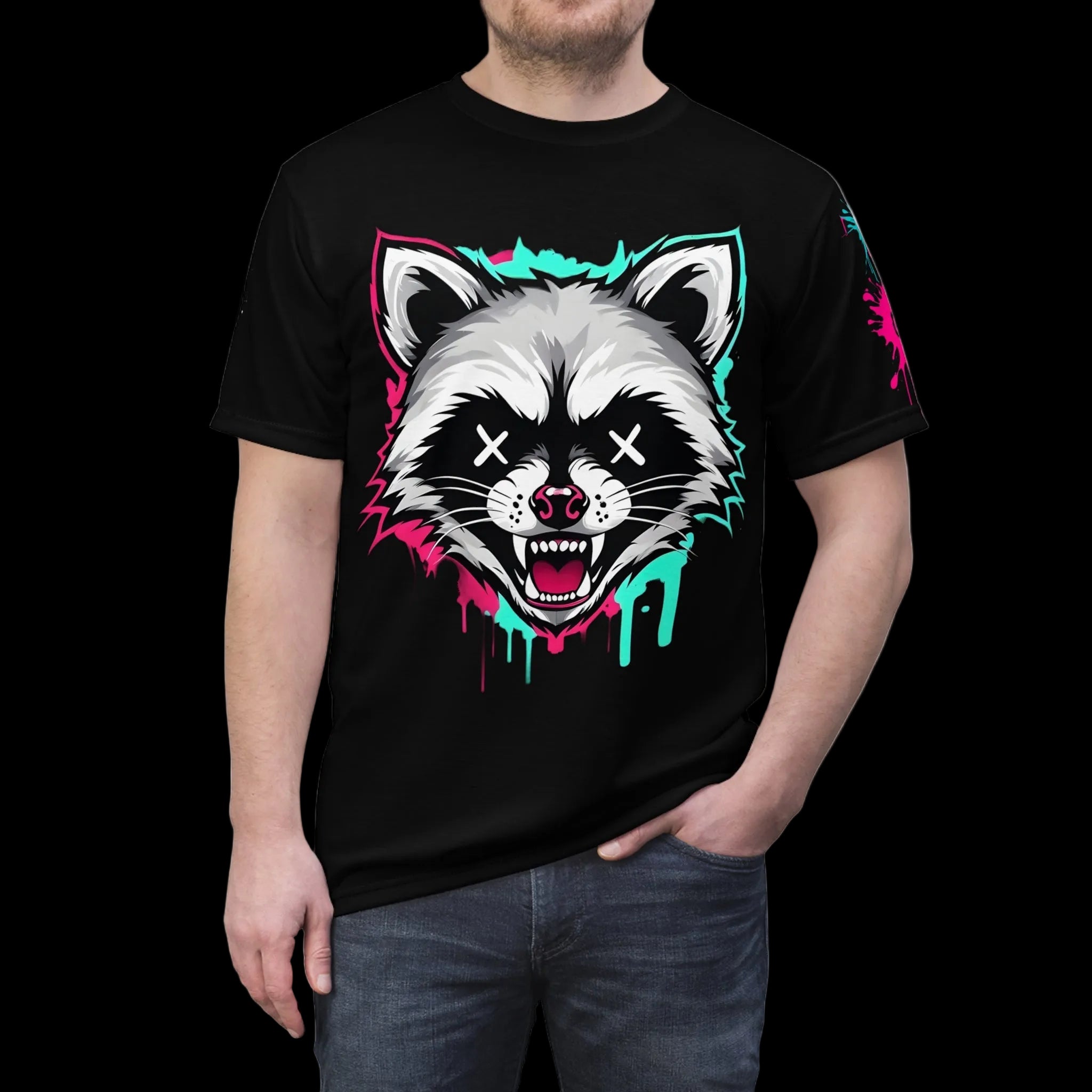 All-over print of a graffiti grunge raccoon graphic T-shirt from Chaos Kitten Emporium, featuring gothic-style raccoon artwork.