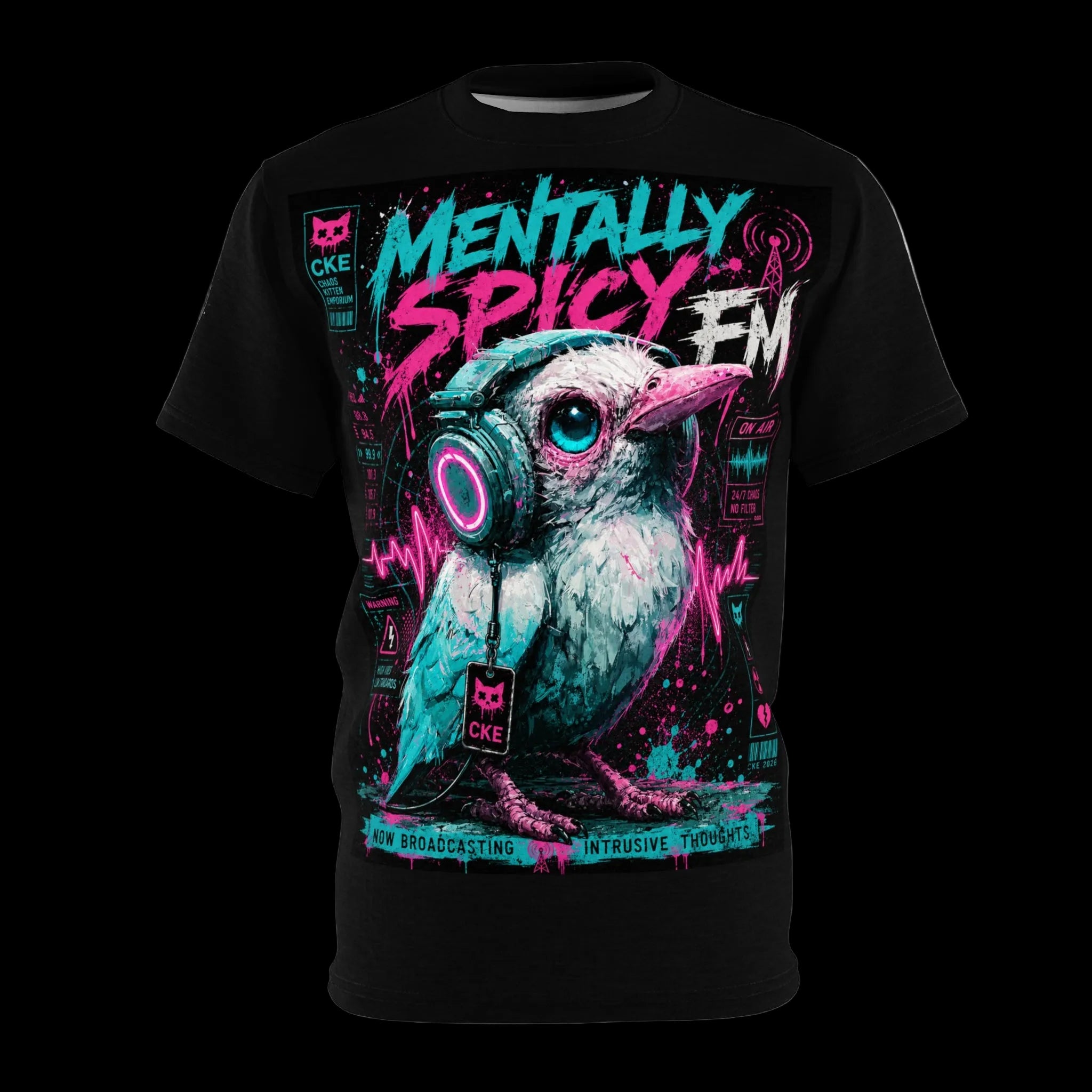 All-over print Gothic graphic tee featuring a spicy bird design from Chaos Kitten Emporium®, made by Printify.