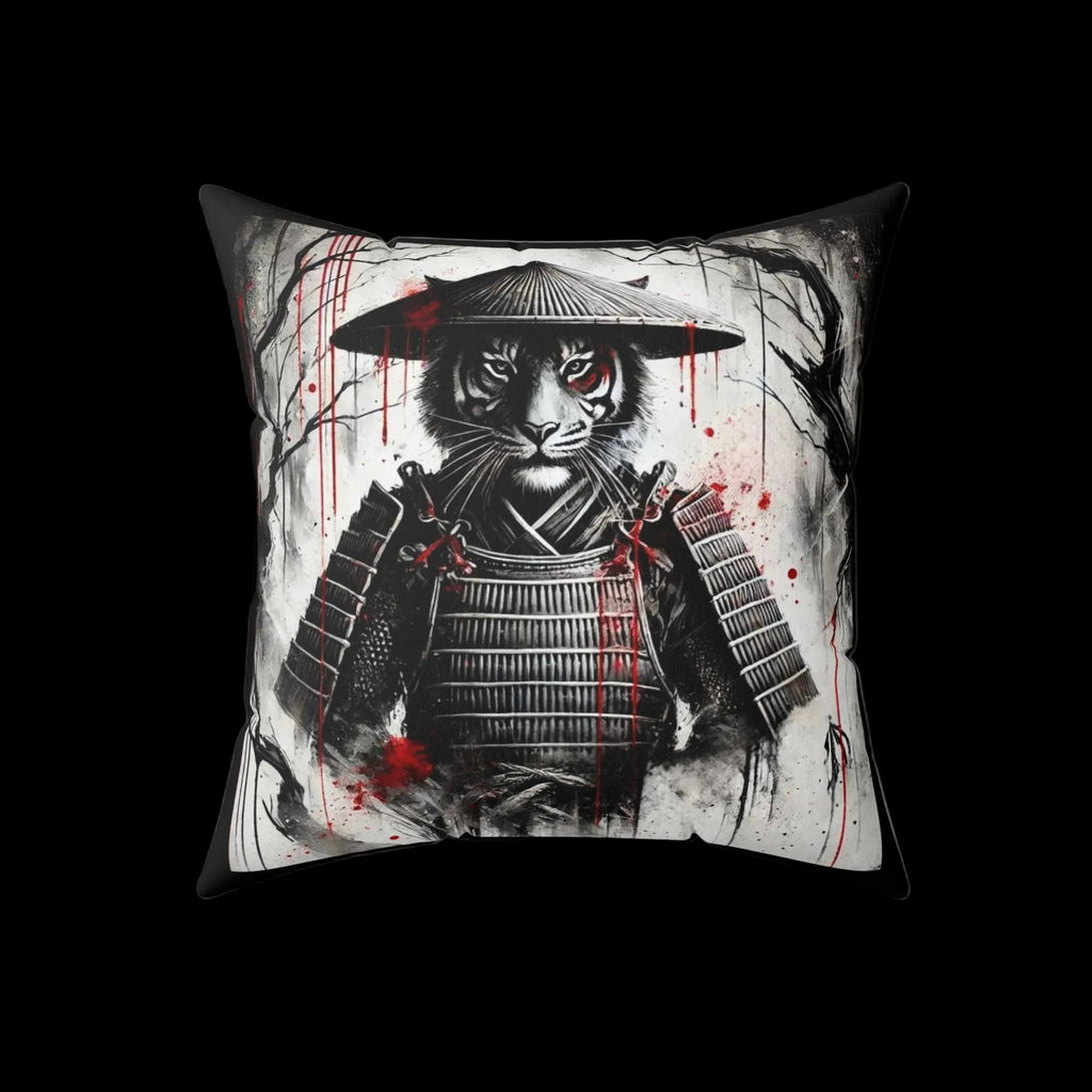 Samurai Tiger throw pillow with detailed tiger and samurai design, decorative home decor piece by Printify for stylish interiors.