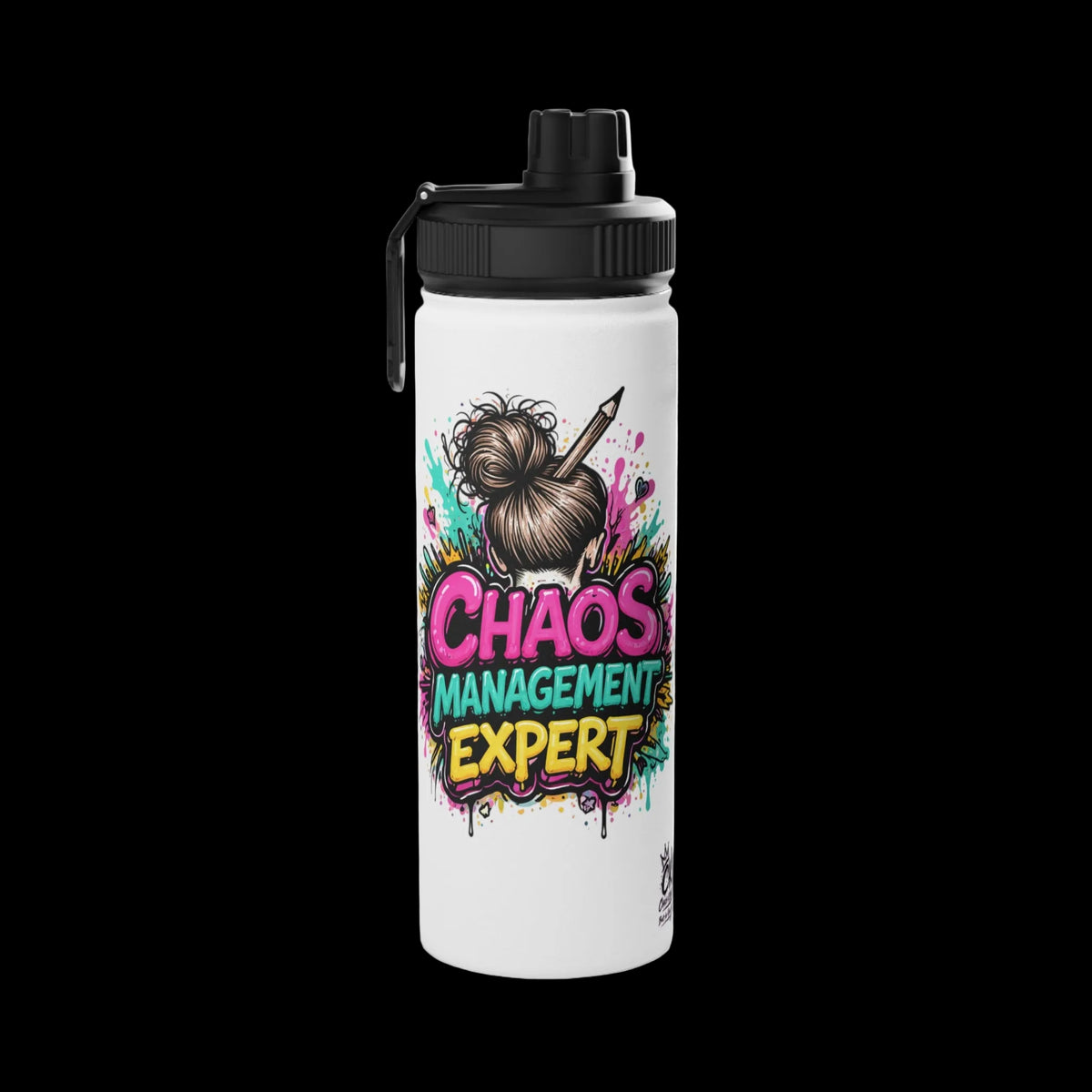 a white water bottle with a black lid