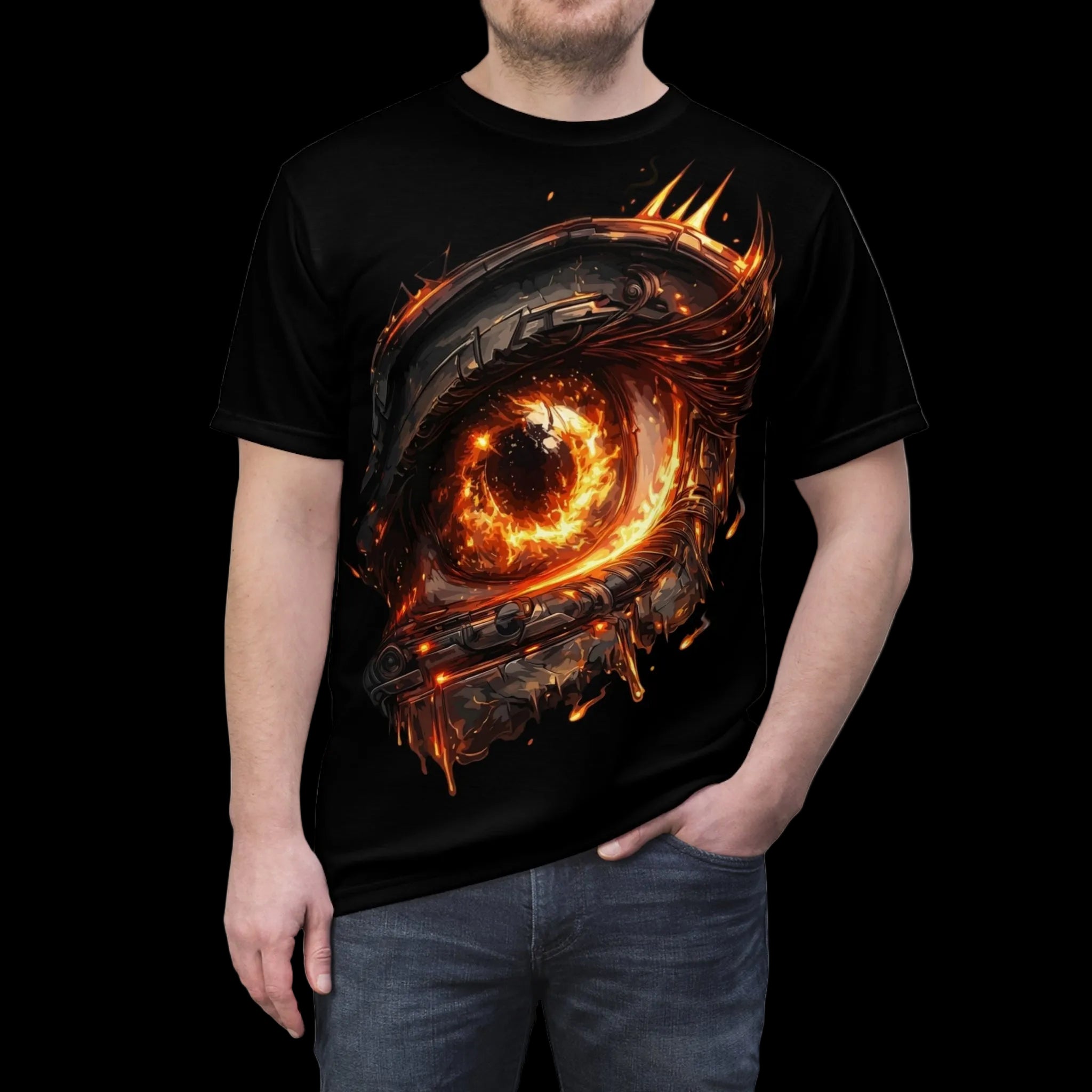 Eye graphic with fiery elements on a dark background, showcasing the Inferno Gaze Performance Tee.
