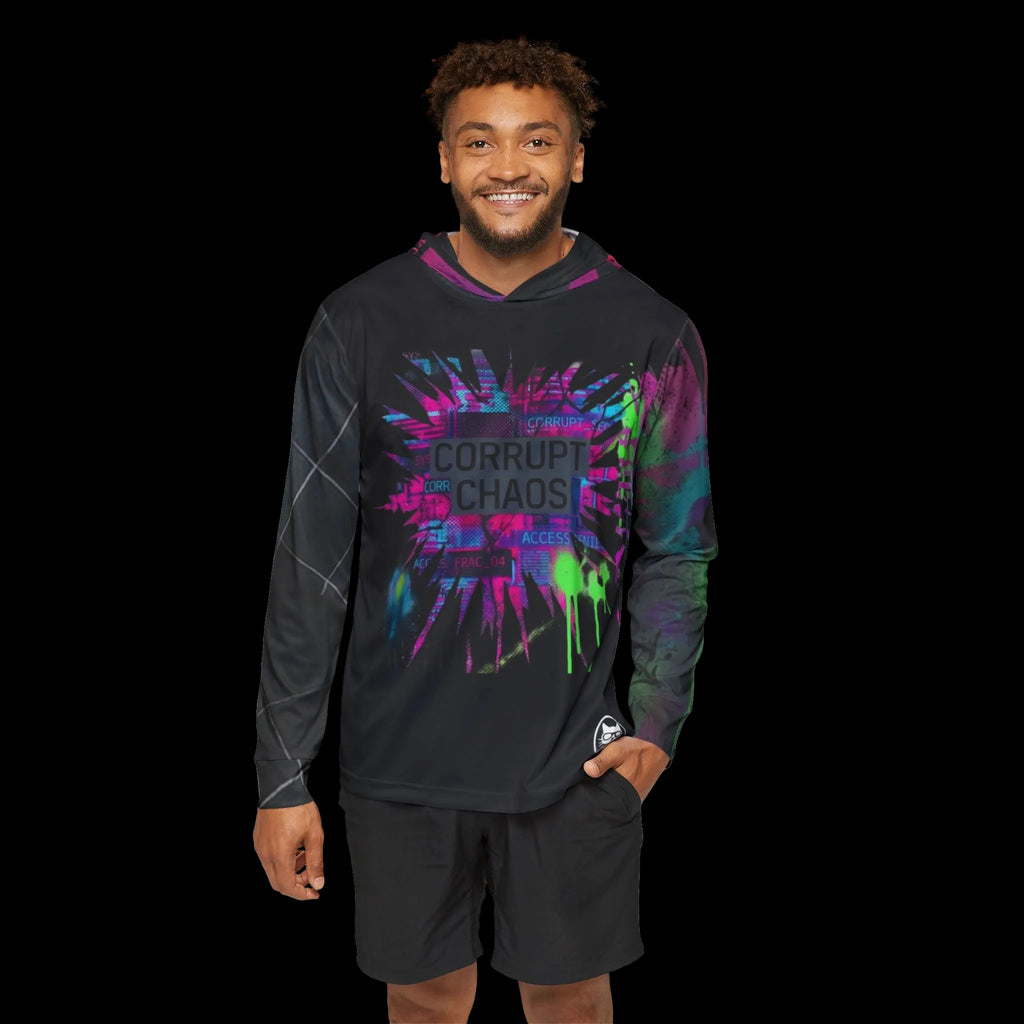 All-over print Corrupt Chaos Warmup Hoodie from Chaos Kitten Emporium® featuring bold, colorful chaos-themed design.