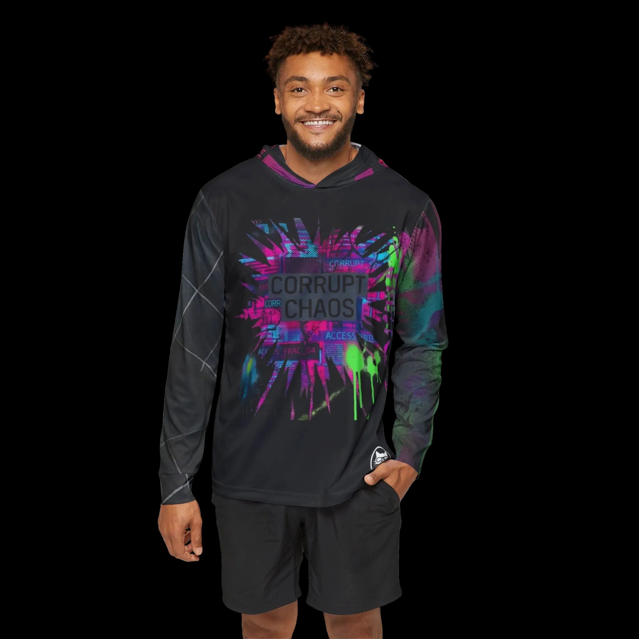 All-over print Corrupt Chaos Warmup Hoodie from Chaos Kitten Emporium® featuring bold, colorful chaos-themed design.