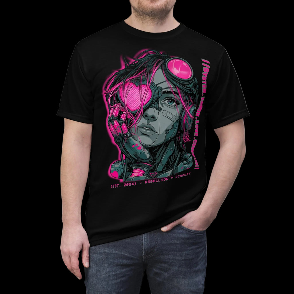Cybernetic Conduit Gothic graphic tee featuring all-over print design with sci-fi and cyberpunk-inspired artwork.