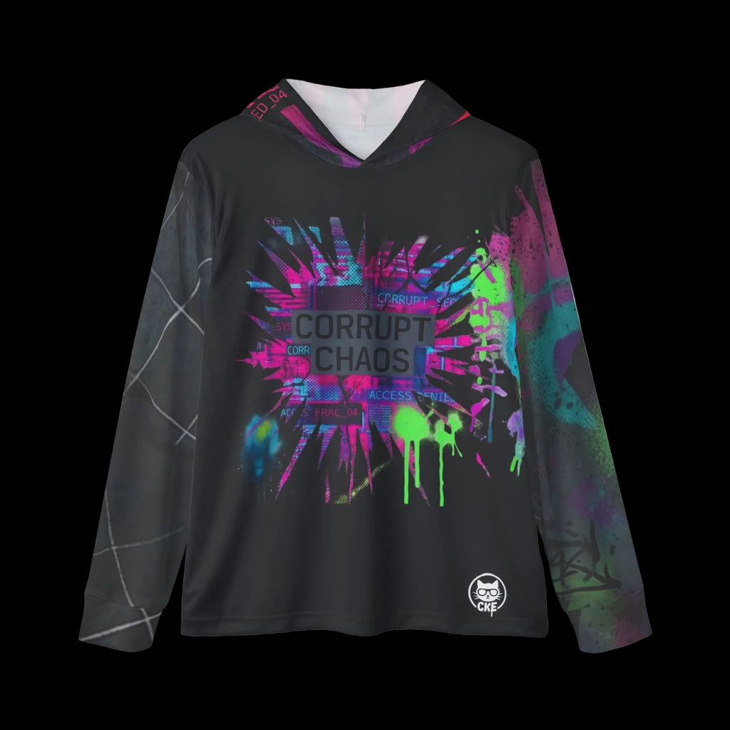 Bold Corrupt Chaos Warmup Hoodie featuring vibrant black, pink, and green splatter graphics with long sleeves and a hood.