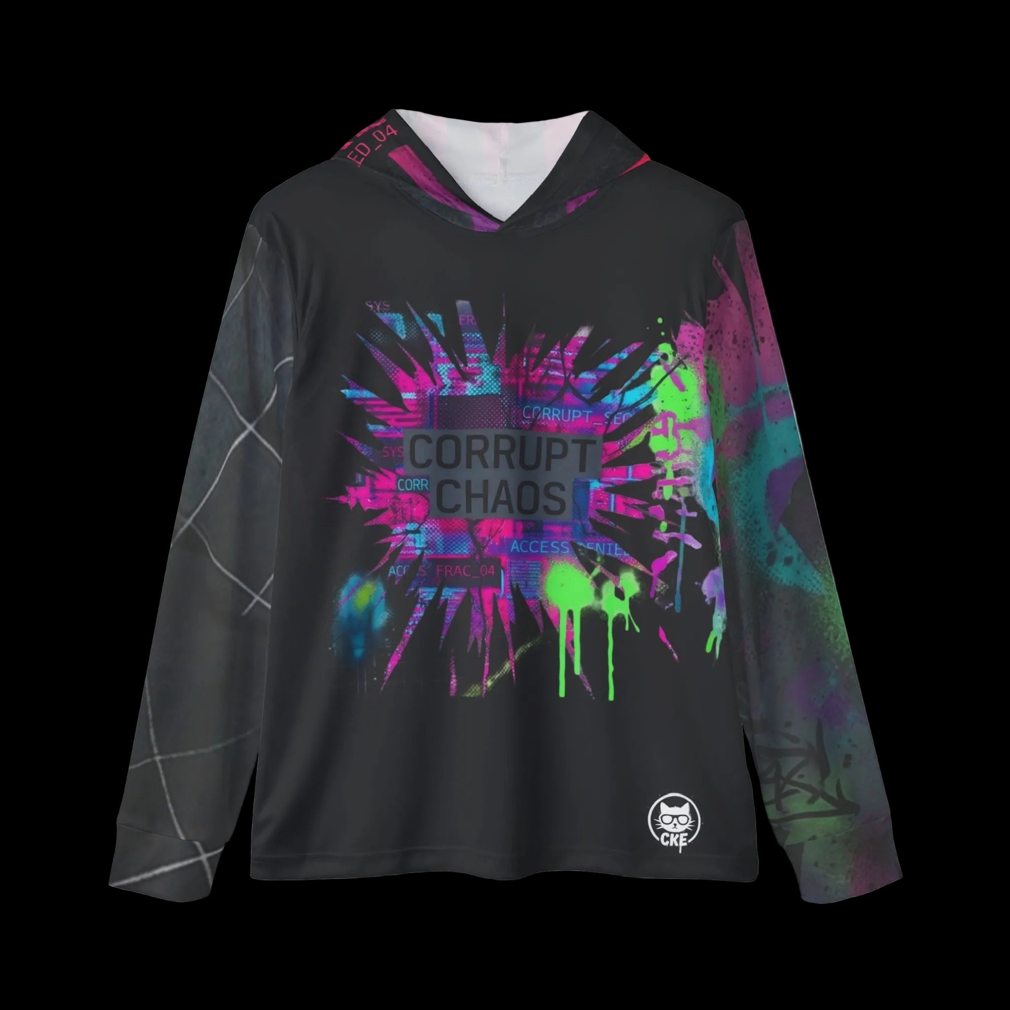Bold Corrupt Chaos Warmup Hoodie featuring vibrant black, pink, and green splatter graphics with long sleeves and a hood.