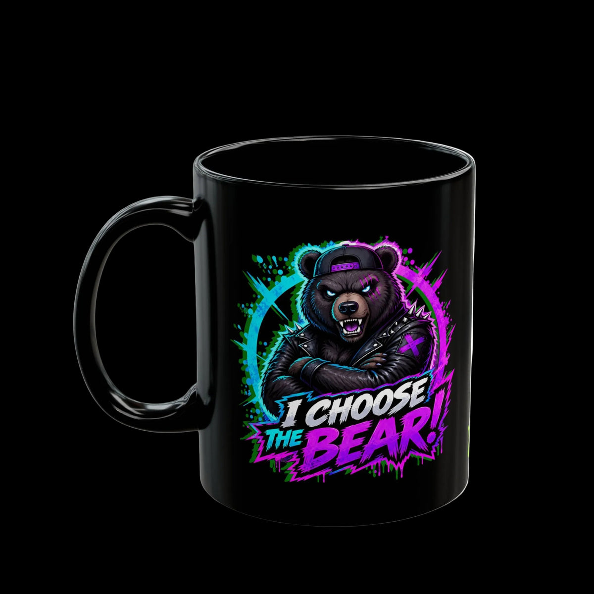 a black mug with a bear on it