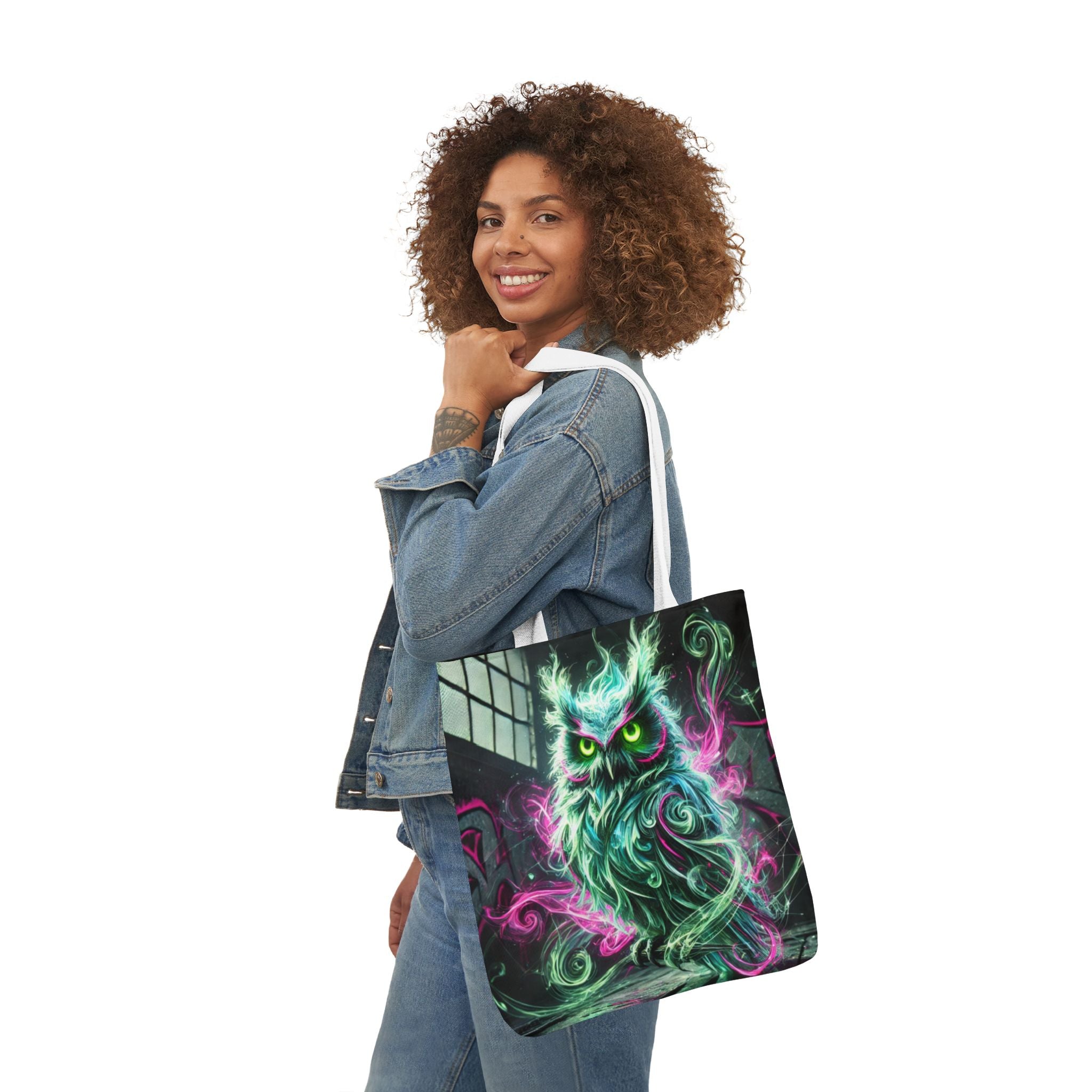 Mystic Owl all-over print tote bag featuring gothic design, made by Printify, with detailed owl and mystical patterns.