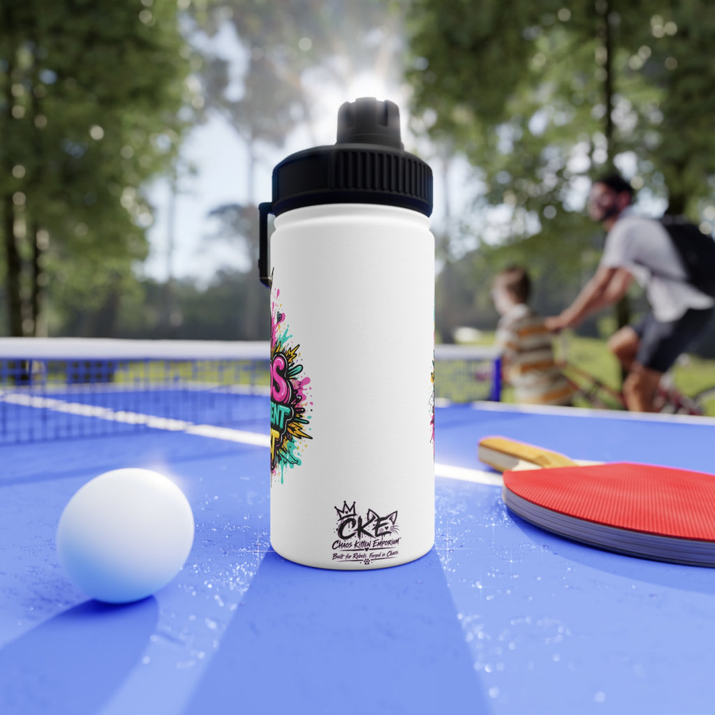 a water bottle and a ping pong racket on a table