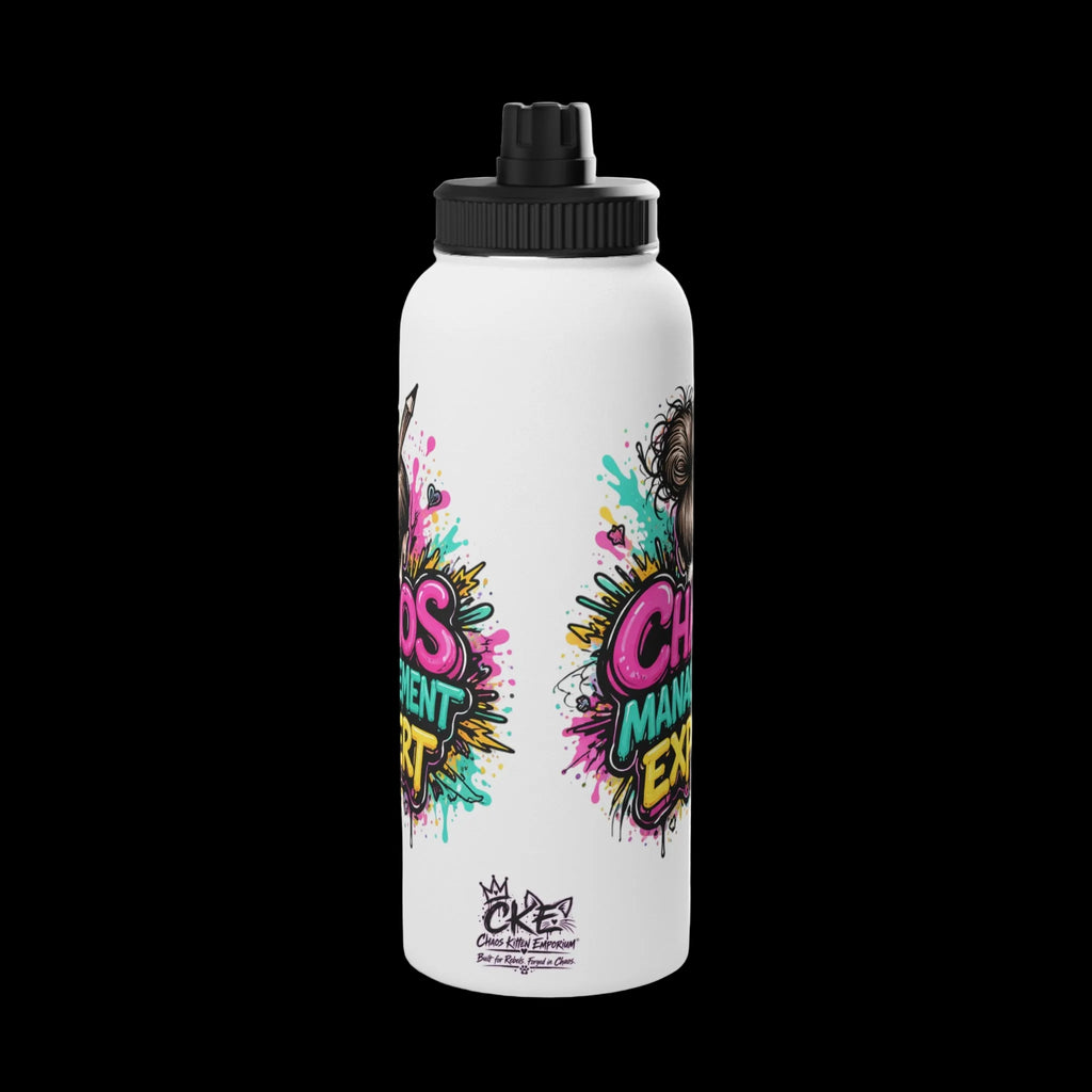 a white water bottle with colorful text on it