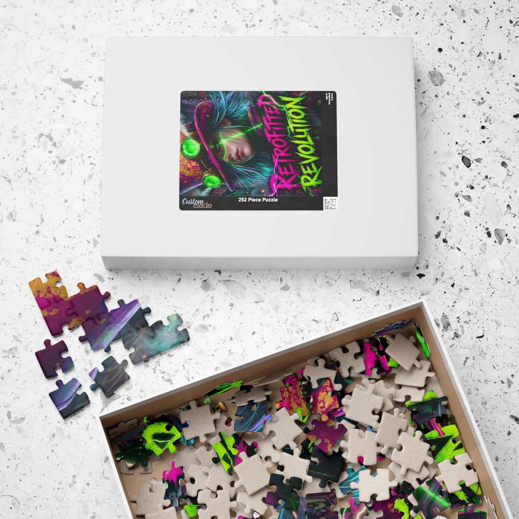 Colorful puzzle box featuring a vibrant steampunk design with electric magenta and acid green hues.