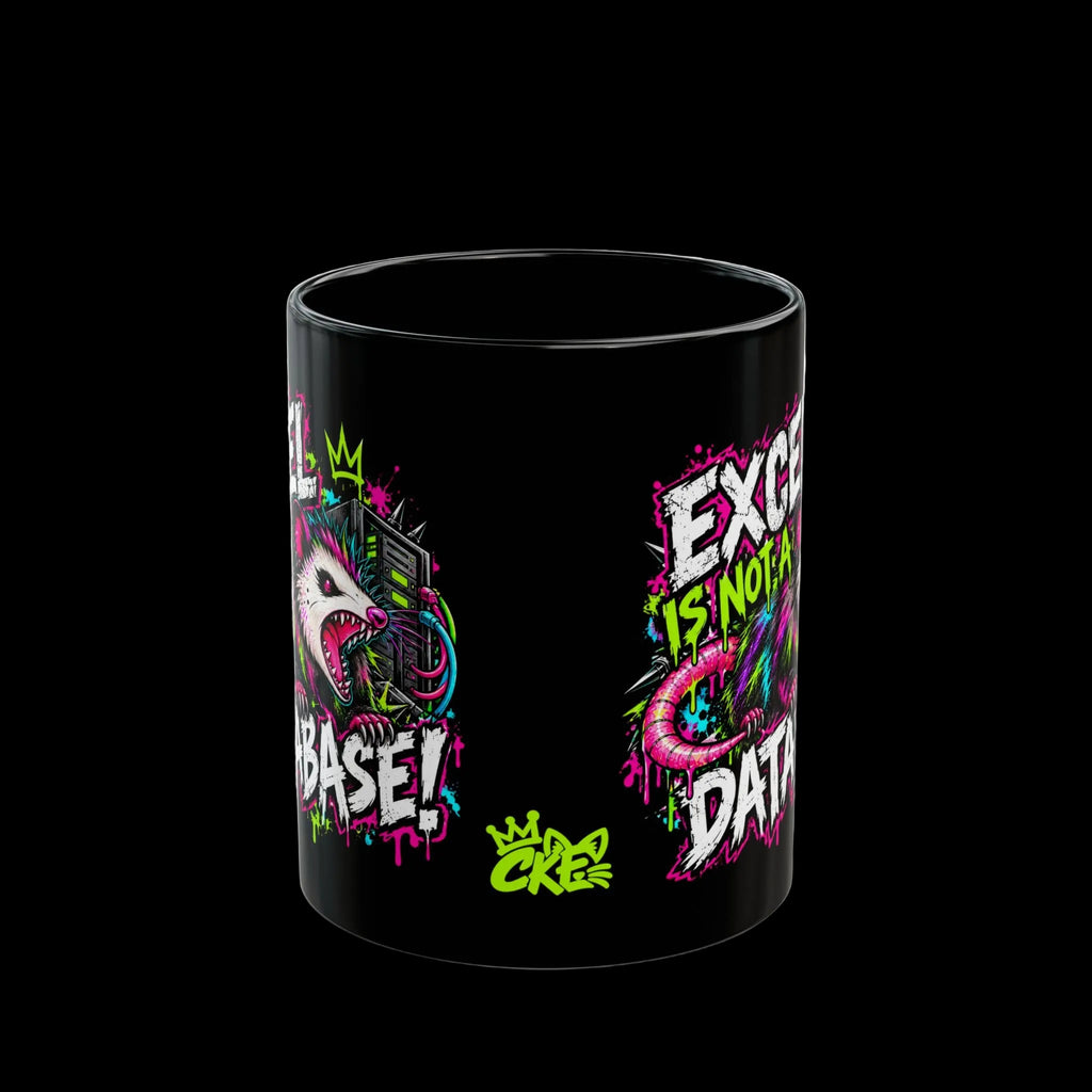 a black mug with graffiti on it