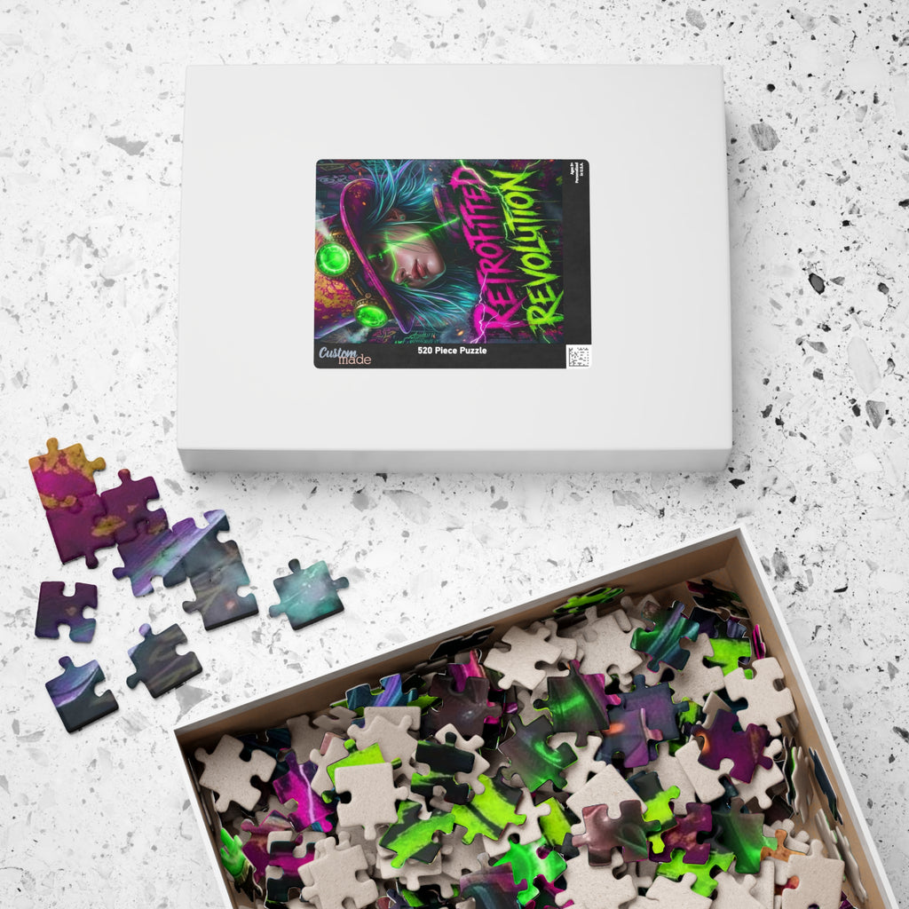 Colorful puzzle box featuring a steampunk figure with vibrant magenta, green, and cyan pieces scattered around.