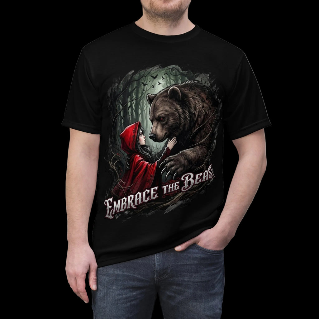 All over print dark graphic tee featuring chaotic beast and fairytale design from Chaos Kitten Emporium® by Printify.