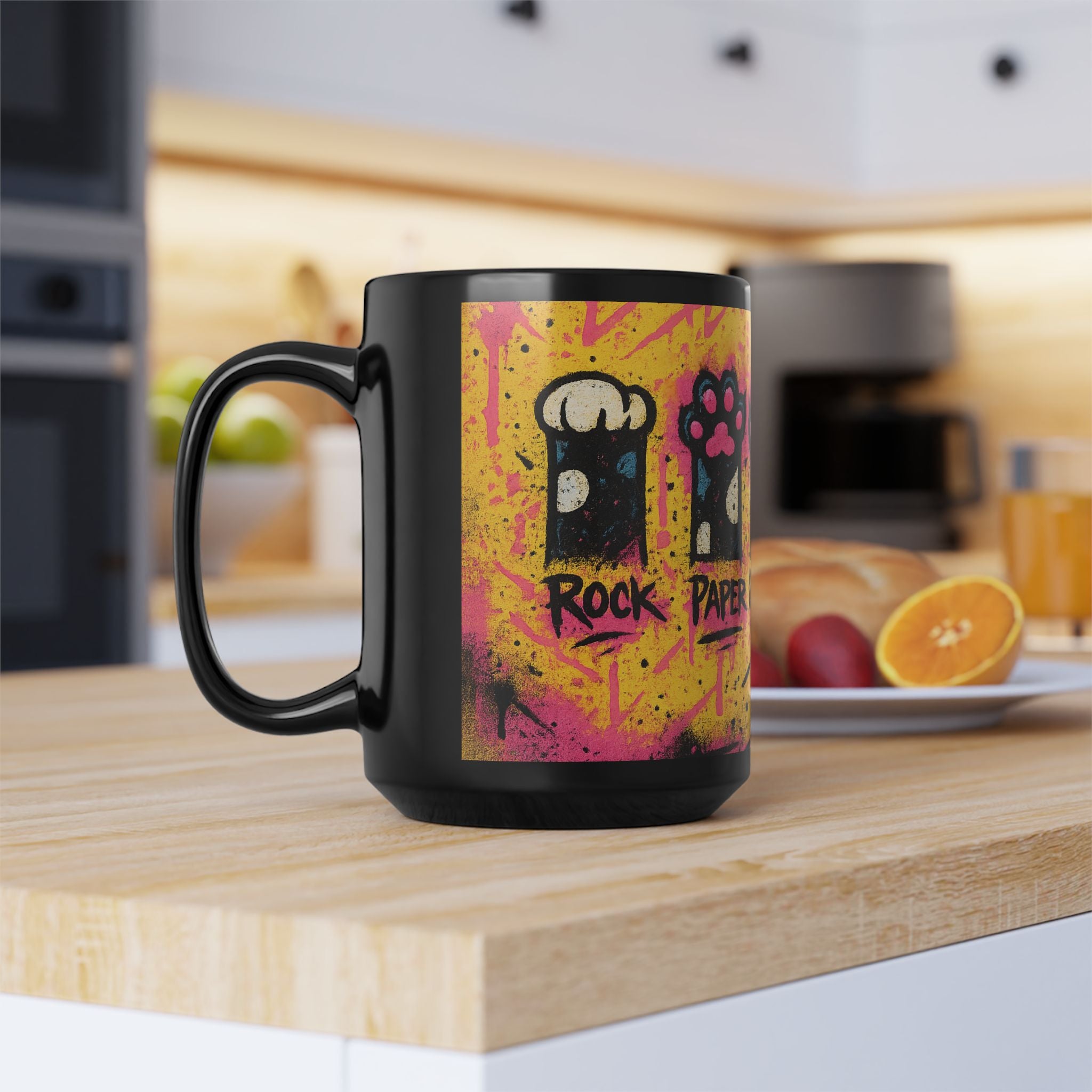 Rock Paper Scissors Murder Mittens” Design | Unique Cat Art Coffee Cup | 11oz & 15oz