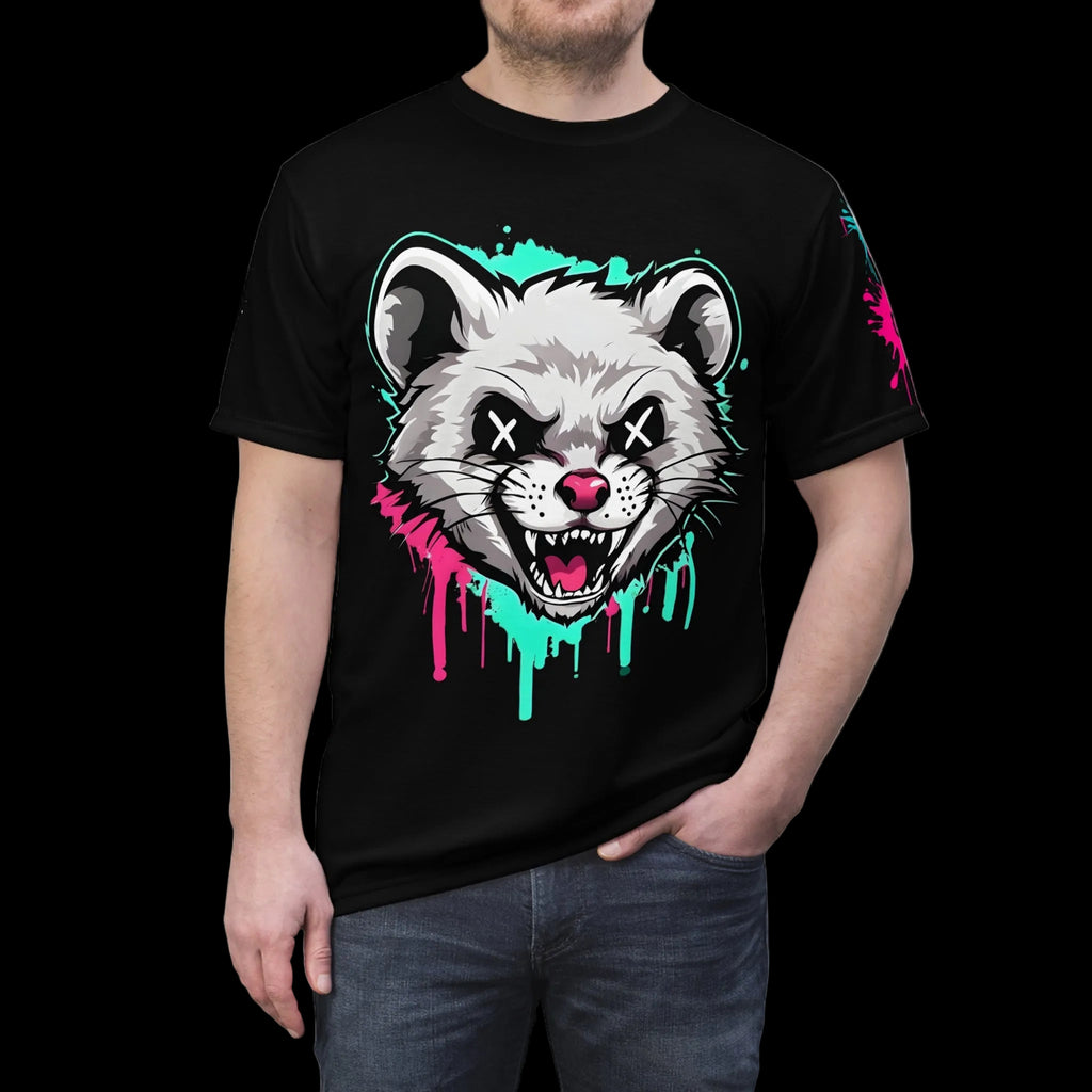 All over print graffiti grunge ferret graphic tee from Chaos Kitten Emporium, featuring bold ferret and graffiti design on black fabric.