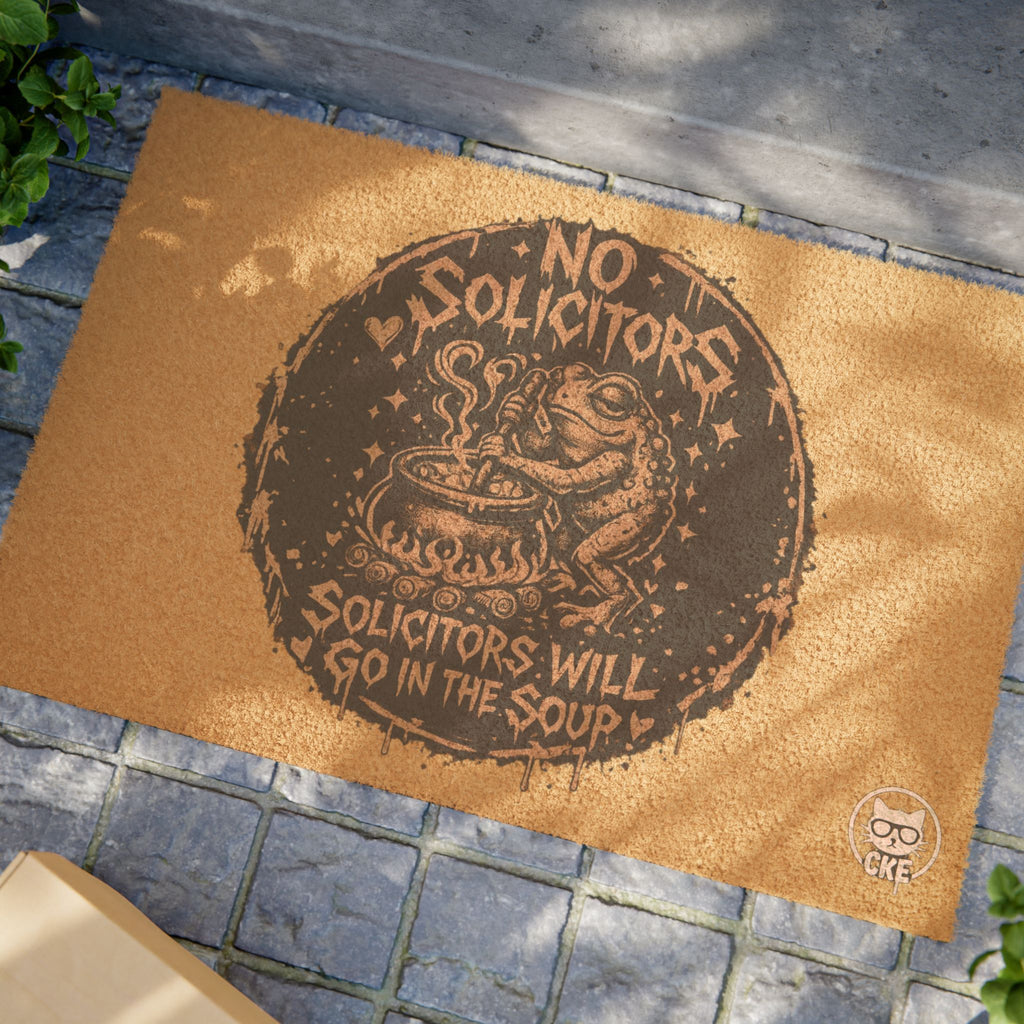 Gothic No Solicitors doormat with chaos kitten design, black and white home decor from Chaos Kitten Emporium® by Printify