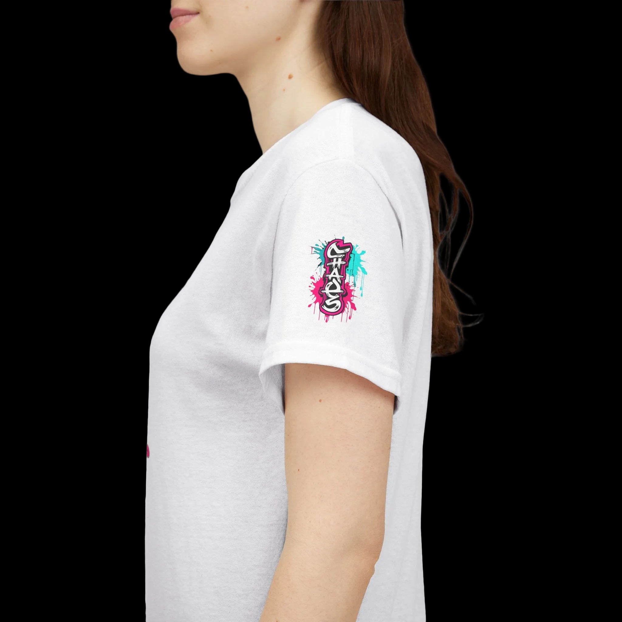 White t-shirt with graffiti Streetwear text 'Chaos' on sleeve. 