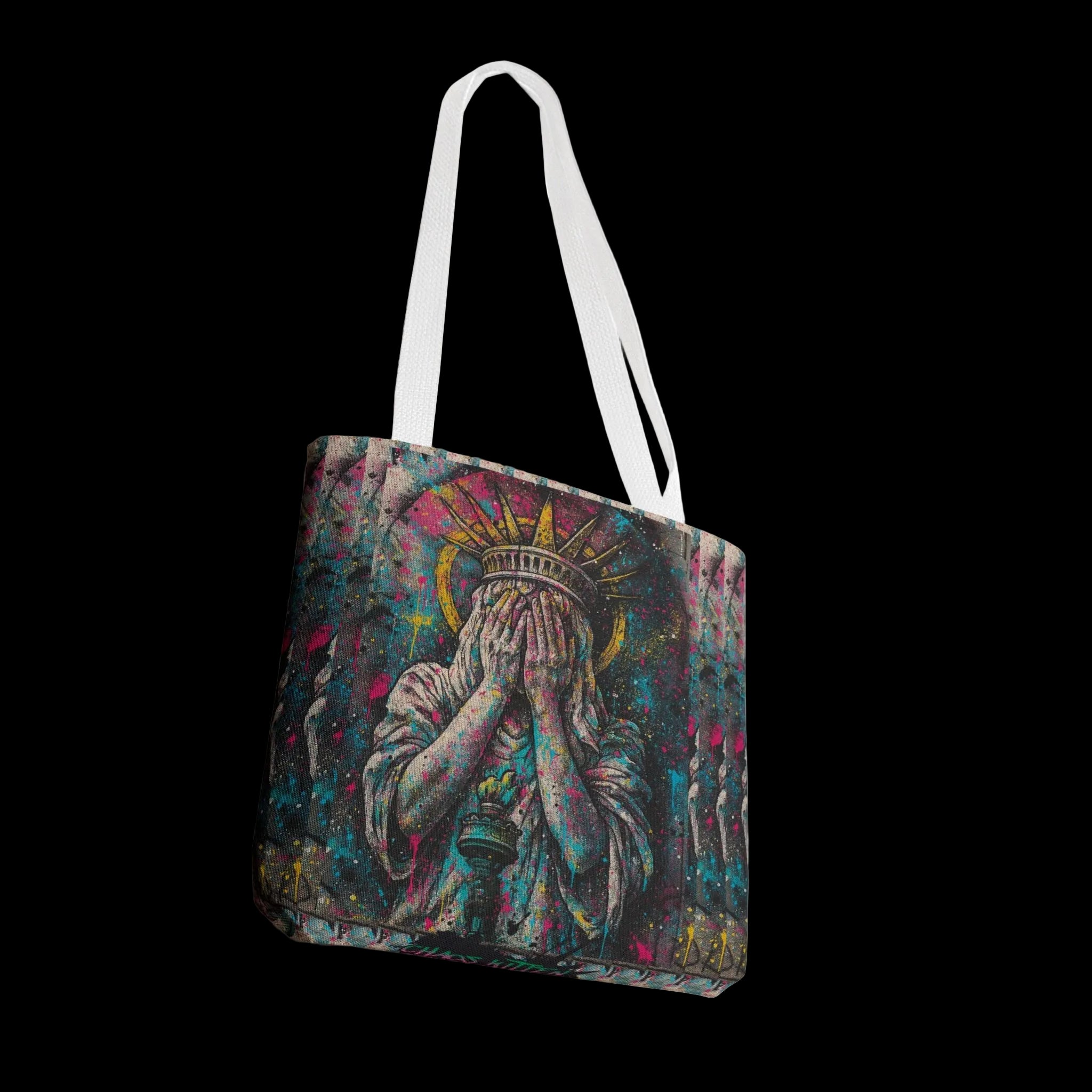Graffiti-inspired Lady Liberty design on a tote bag with white handles, perfect for carrying essentials in style.