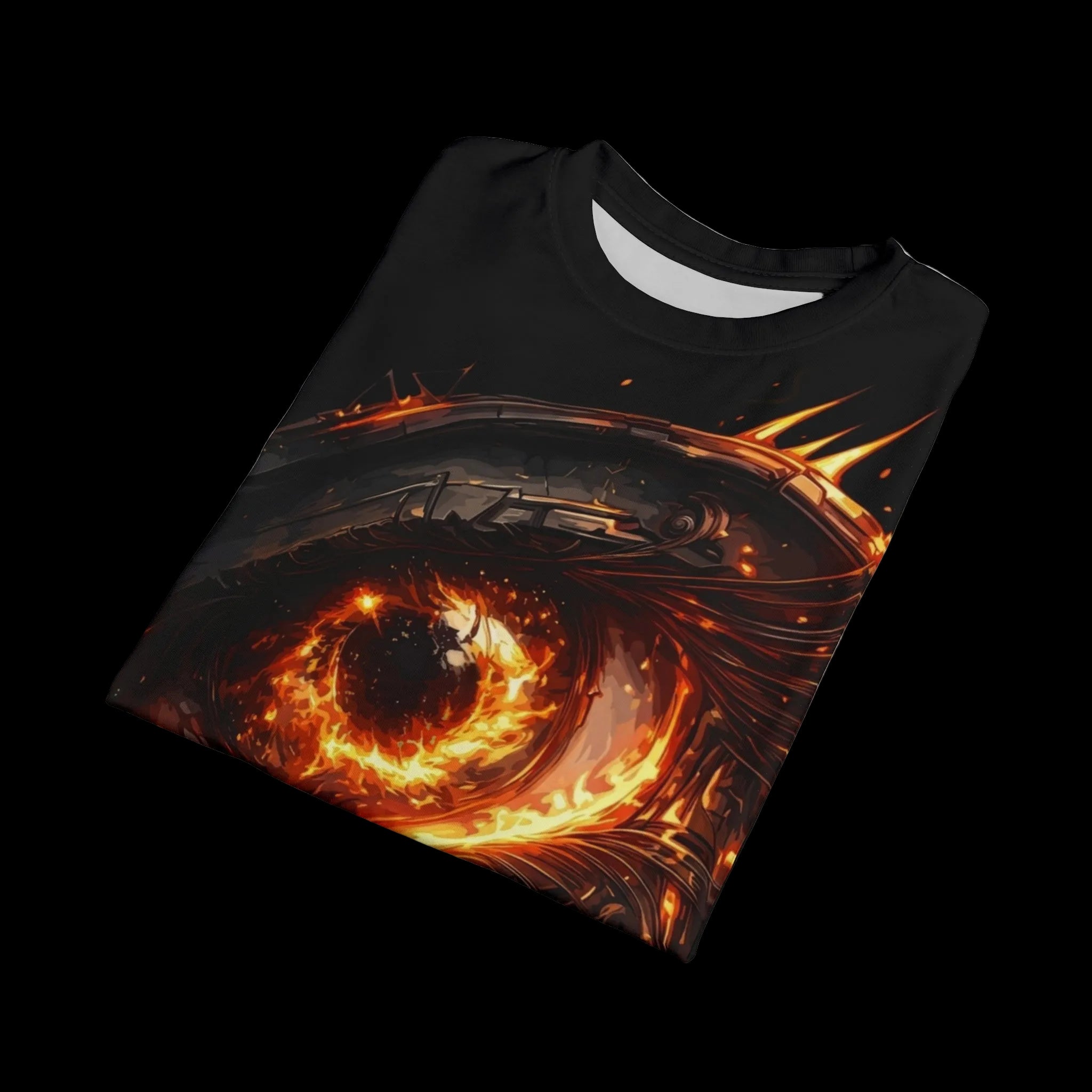 Eye graphic with fiery molten elements on a deep black crew neck tee from Chaos Kitten Emporium.