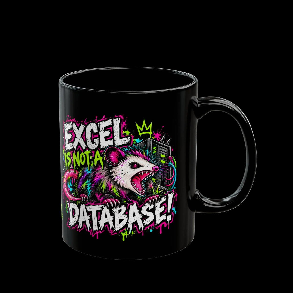 a black mug with a cartoon image on it