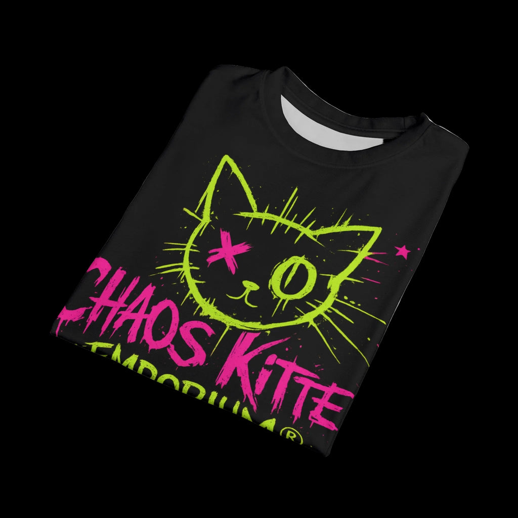 All over print chaos kitten graphic tee from Printify with gothic-inspired design featuring a bold kitten illustration.