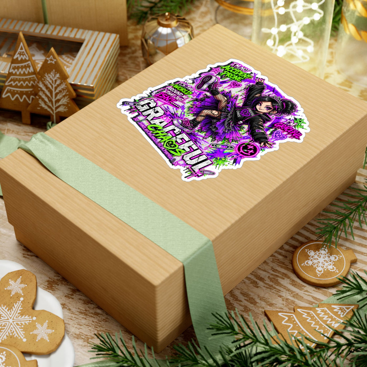 a box with a ribbon and a sticker on it