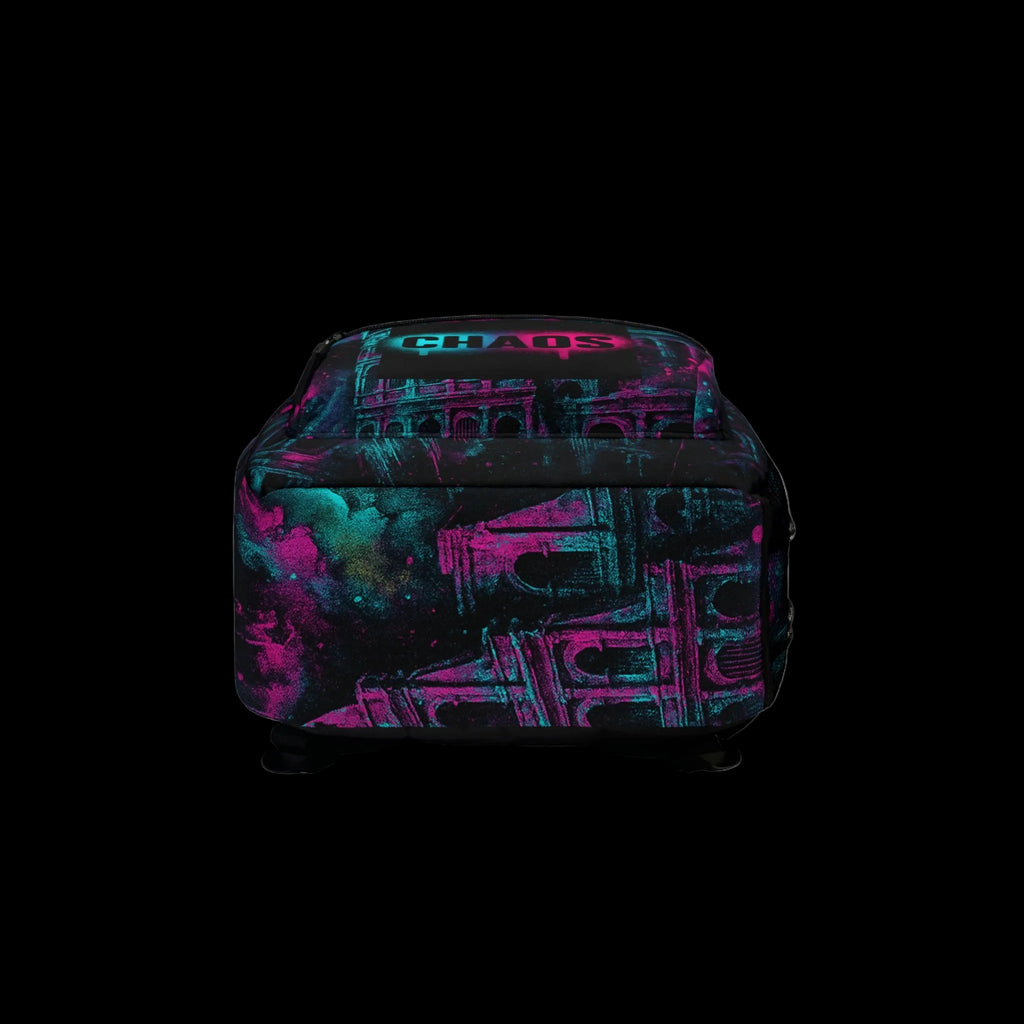 Vibrant Neon Graffiti CHAOS Backpack featuring bold teal and magenta art on a black canvas, perfect for urban adventures.