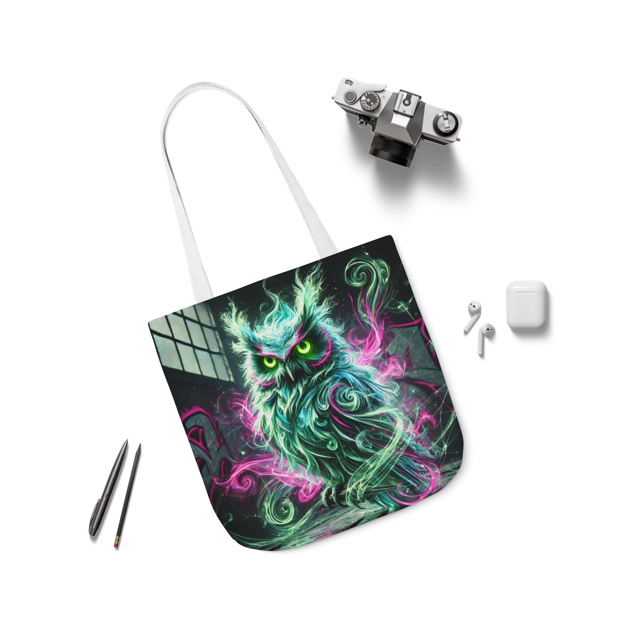 Mystic Owl all-over print tote bag with gothic design, featuring an intricate owl pattern on a black background, by Printify.