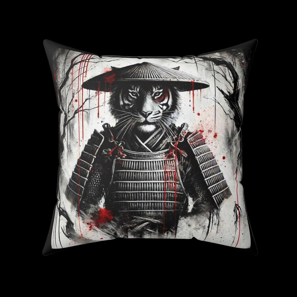 Samurai Tiger throw pillow featuring a detailed tiger and samurai design, ideal for home decor accents.